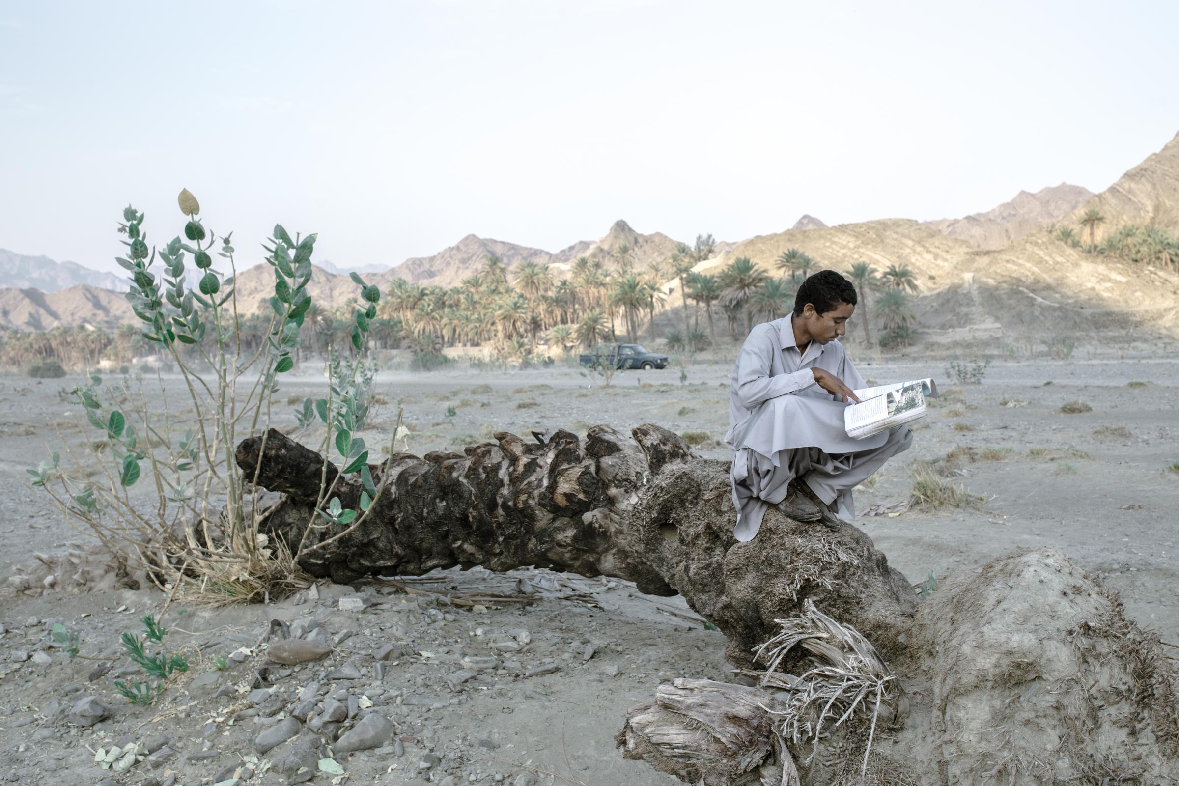 IN THE DESERT OF WETLANDS -   Miran, 17, is studying on the shoulder of the dirt road...