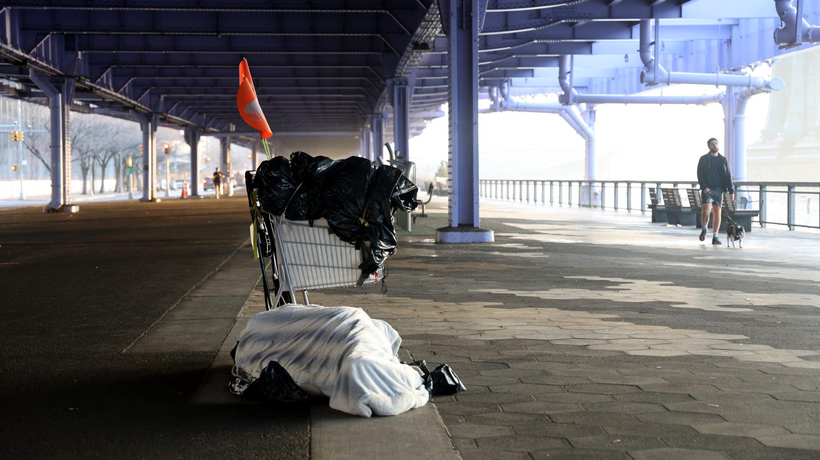 Homeless person sleeps in the cold