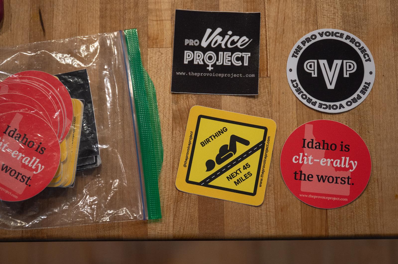 Pro Voice Project stickers are seen at Jen Jackson Quintano
