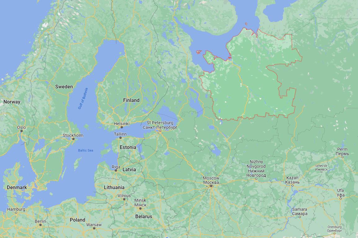 Arkhangelsk region on the map (marked in red).