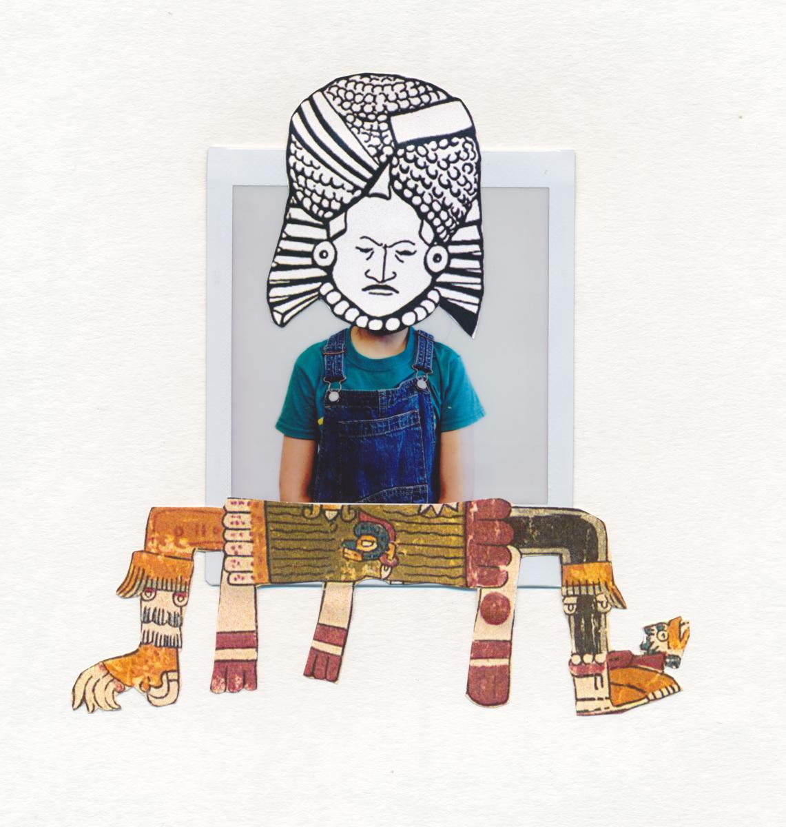 Photo of Dennis, a girl of Nahuatl origin born in Queens. The image is intervened with images extracted from pre-Hispanic codices alluding to the faces of the pre-Hispanic past of the culture and territory of Dennis's ancestors. Dennis is the first generation American - Indigenous - Nahuas born in Queens. “I am proud of my parents' culture,” says Dennis. Queens, 2019.