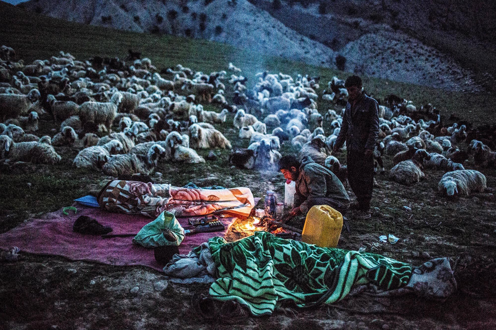 The last & lost nomades of Iran - Muslim’s family sleeping by the fire. At sunrise they...