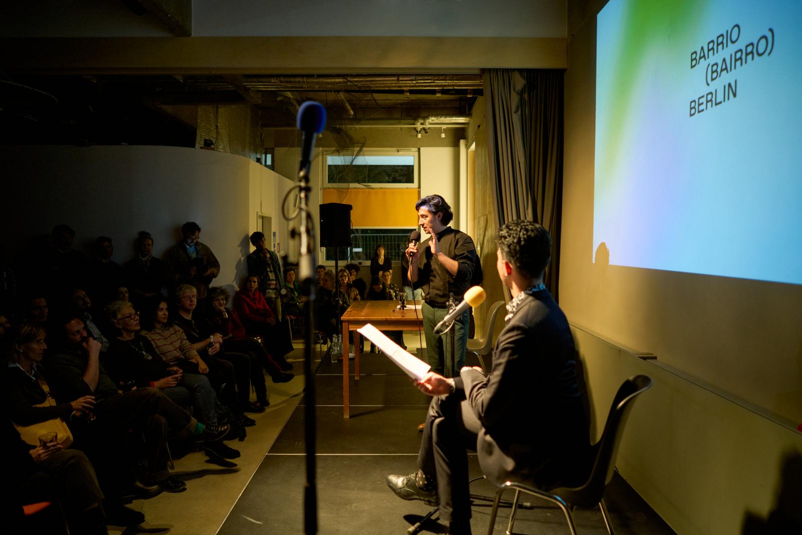 Festival's opening. (left)...;amp; Moderator Hernán D. Caro.