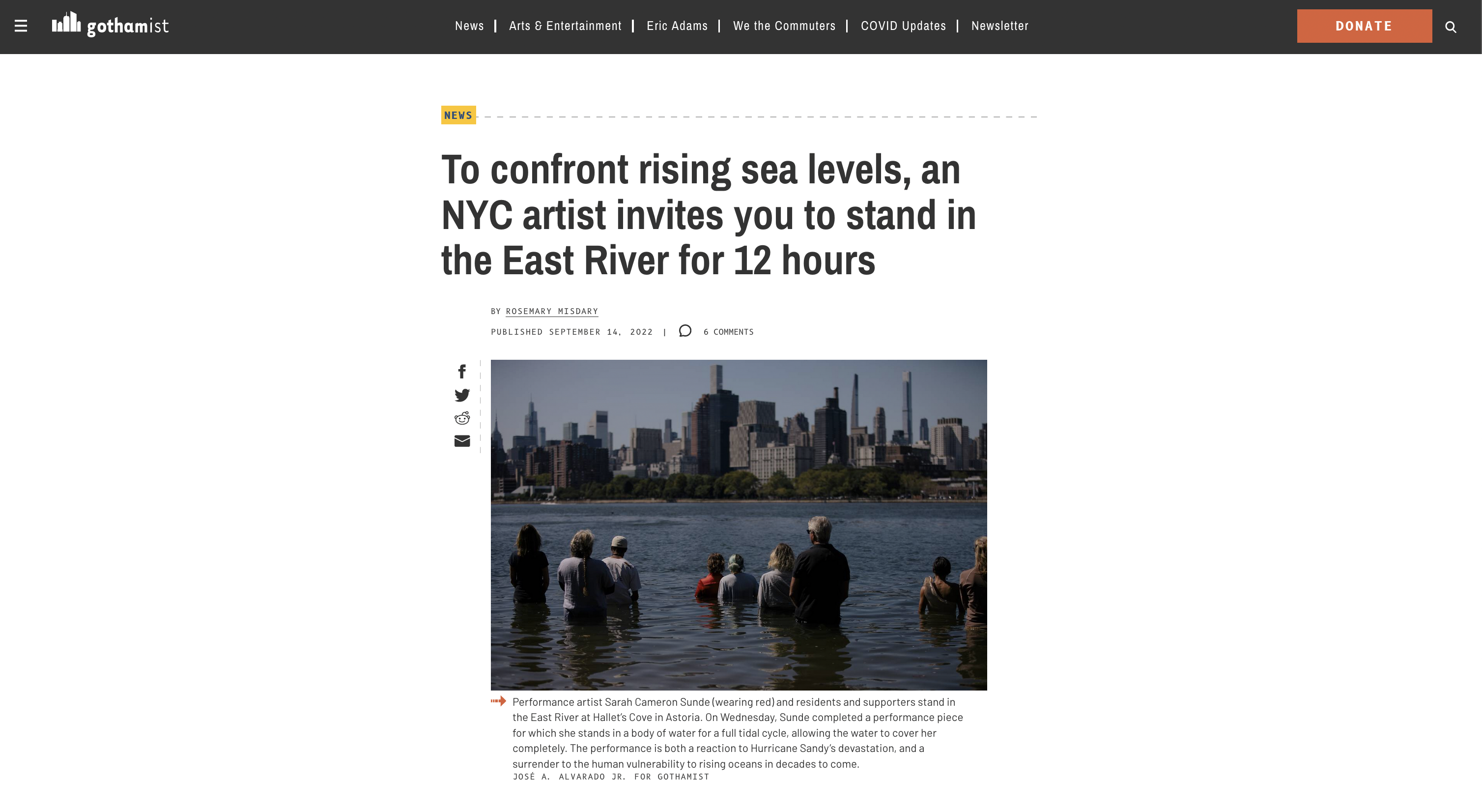 for Gothamist: To confront rising sea levels, an NYC artist invites you to stand in the East River for 12 hours