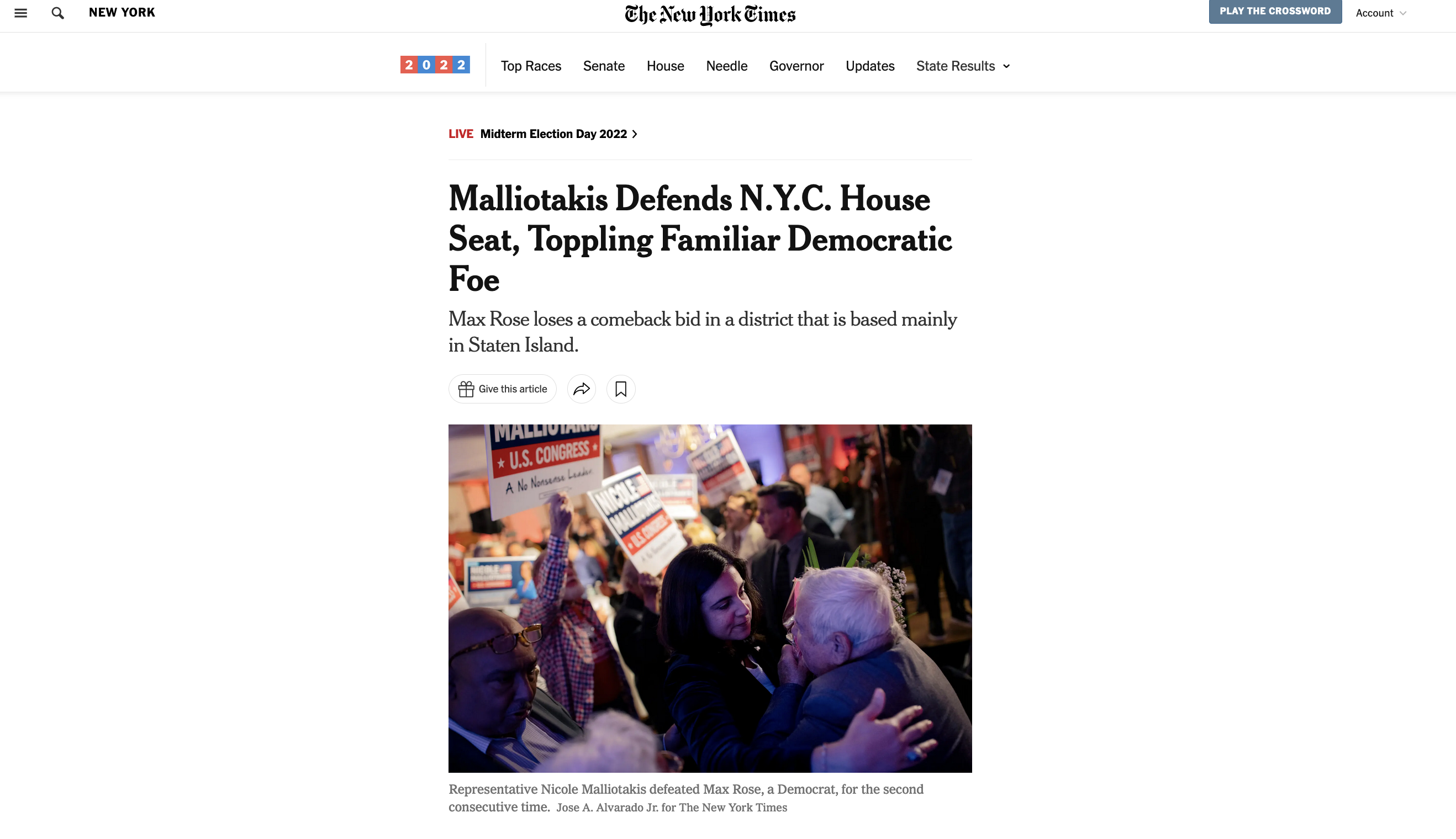 for The New York Times: Malliotakis Defends N.Y.C. House Seat, Toppling Familiar Democratic Foe