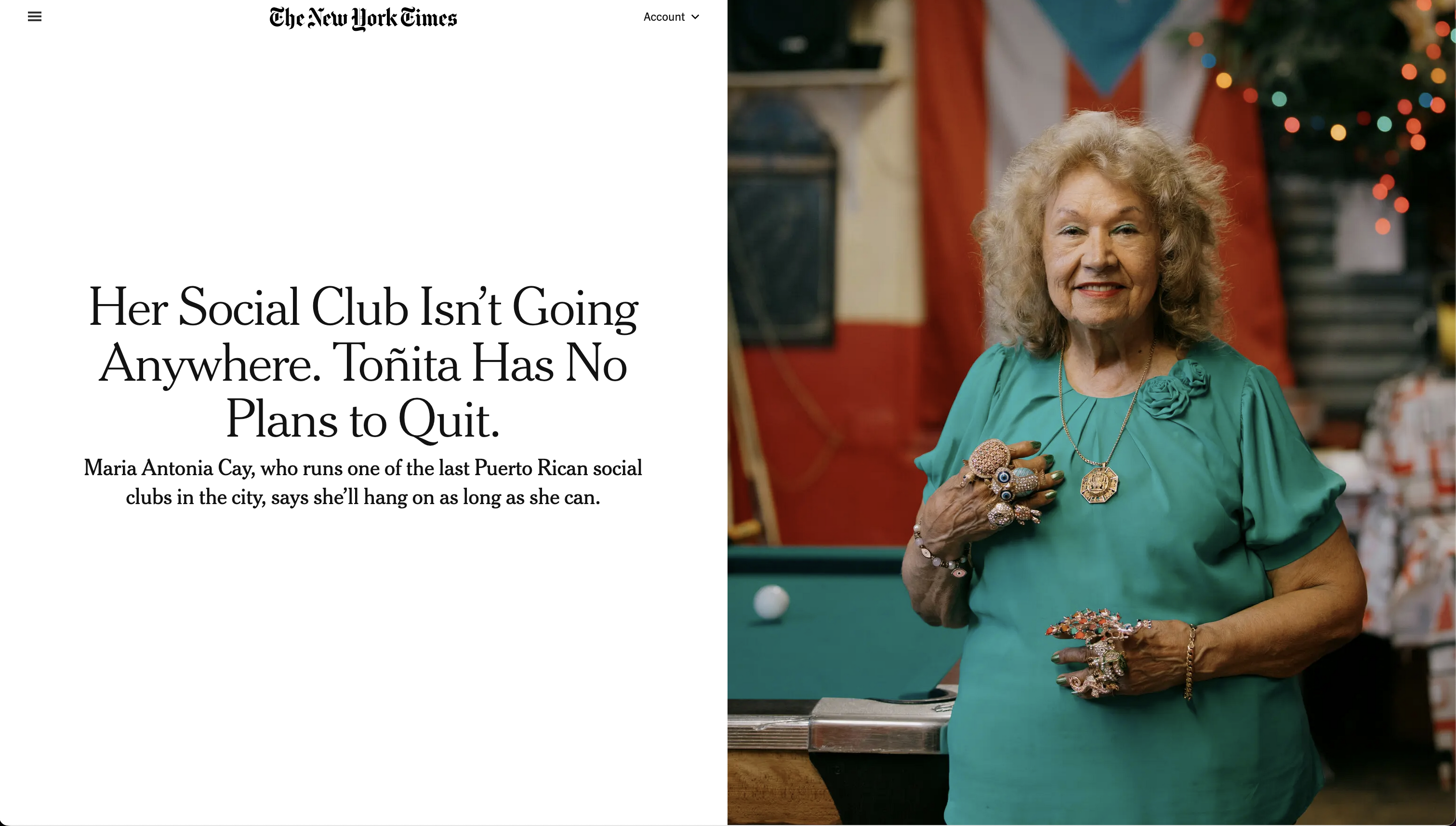 for The New York Times: Her Social Club Isn’t Going Anywhere. Toñita Has No Plans to Quit.