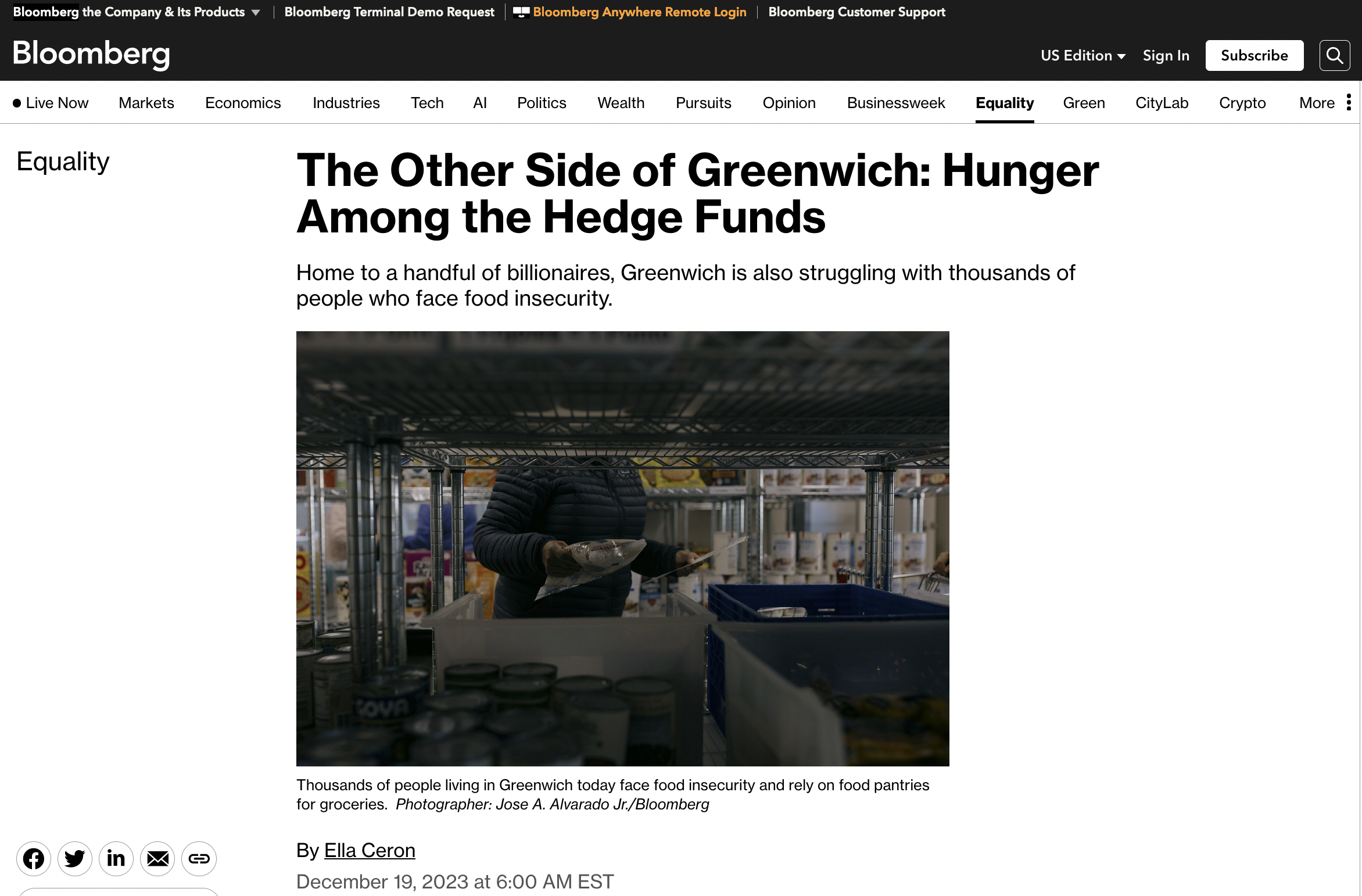 for Bloomberg: The Other Side of Greenwich: Hunger Among the Hedge Funds