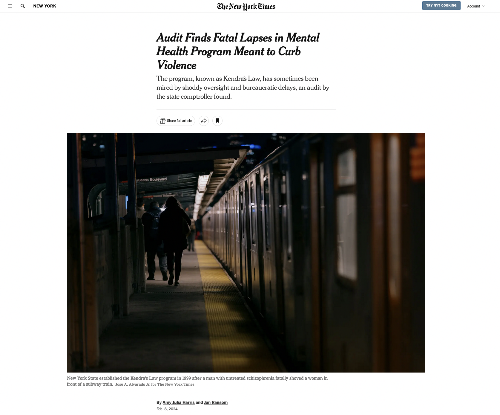 for The New York Times: Audit Finds Fatal Lapses in Mental Health Program Meant to Curb Violence