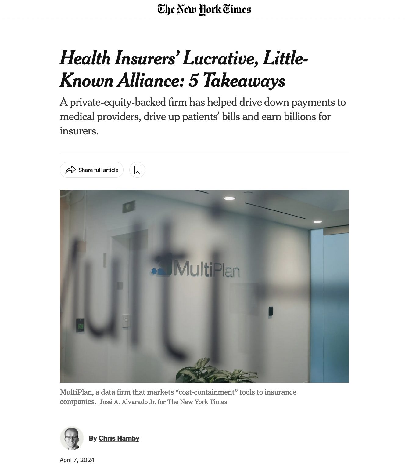 for The New York Times: Health Insurers’ Lucrative, Little-Known Alliance: 5 Takeaways