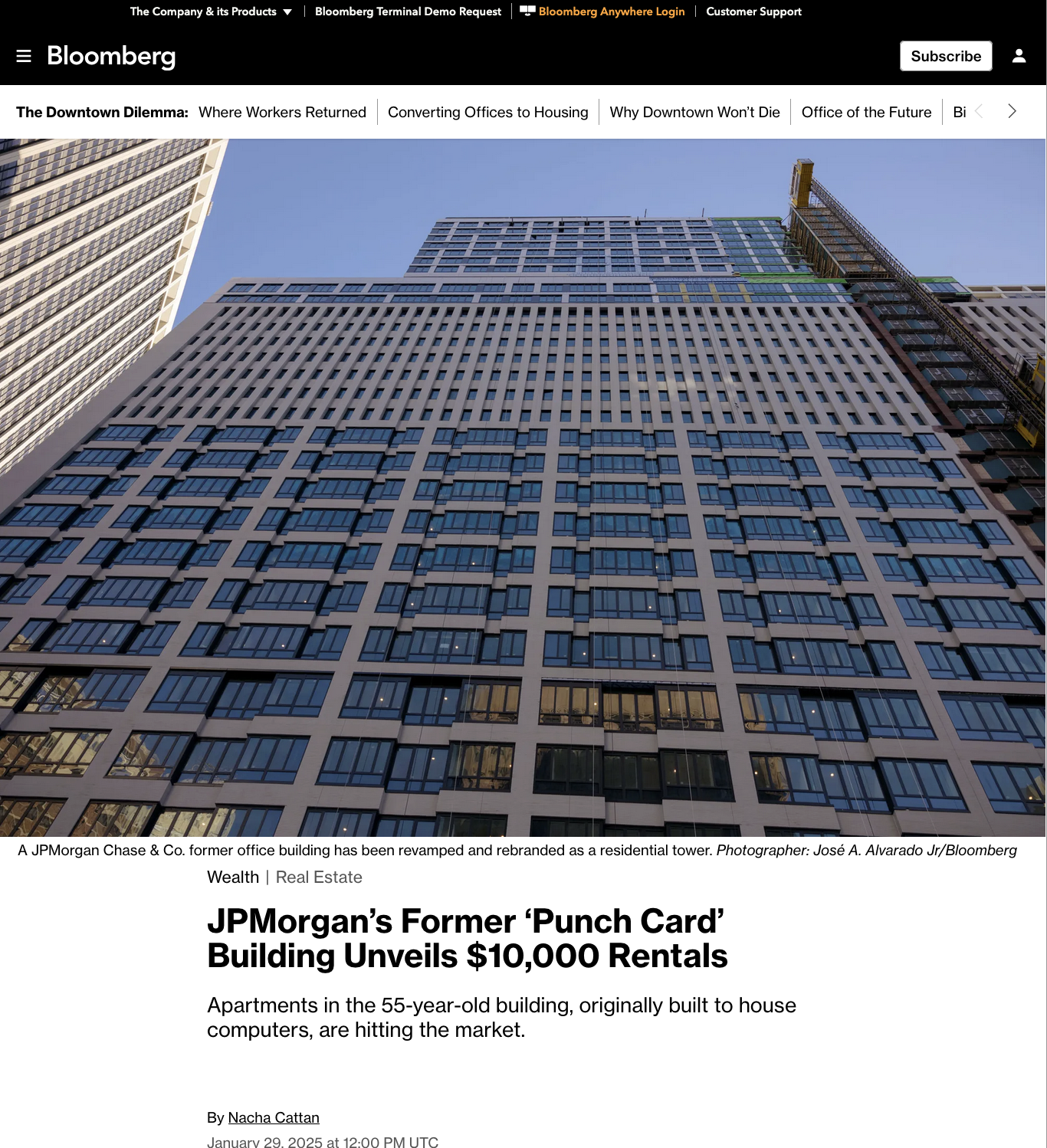 for Bloomberg: JPMorgan’s Former ‘Punch Card’ Building Unveils $10,000 Rentals