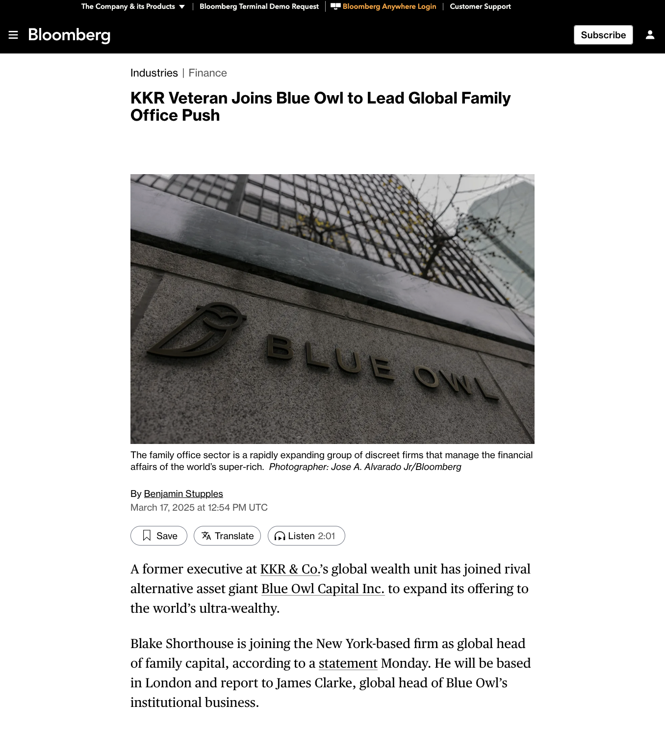 for Bloomberg: KKR Veteran Joins Blue Owl to Lead Global Family Office Push
