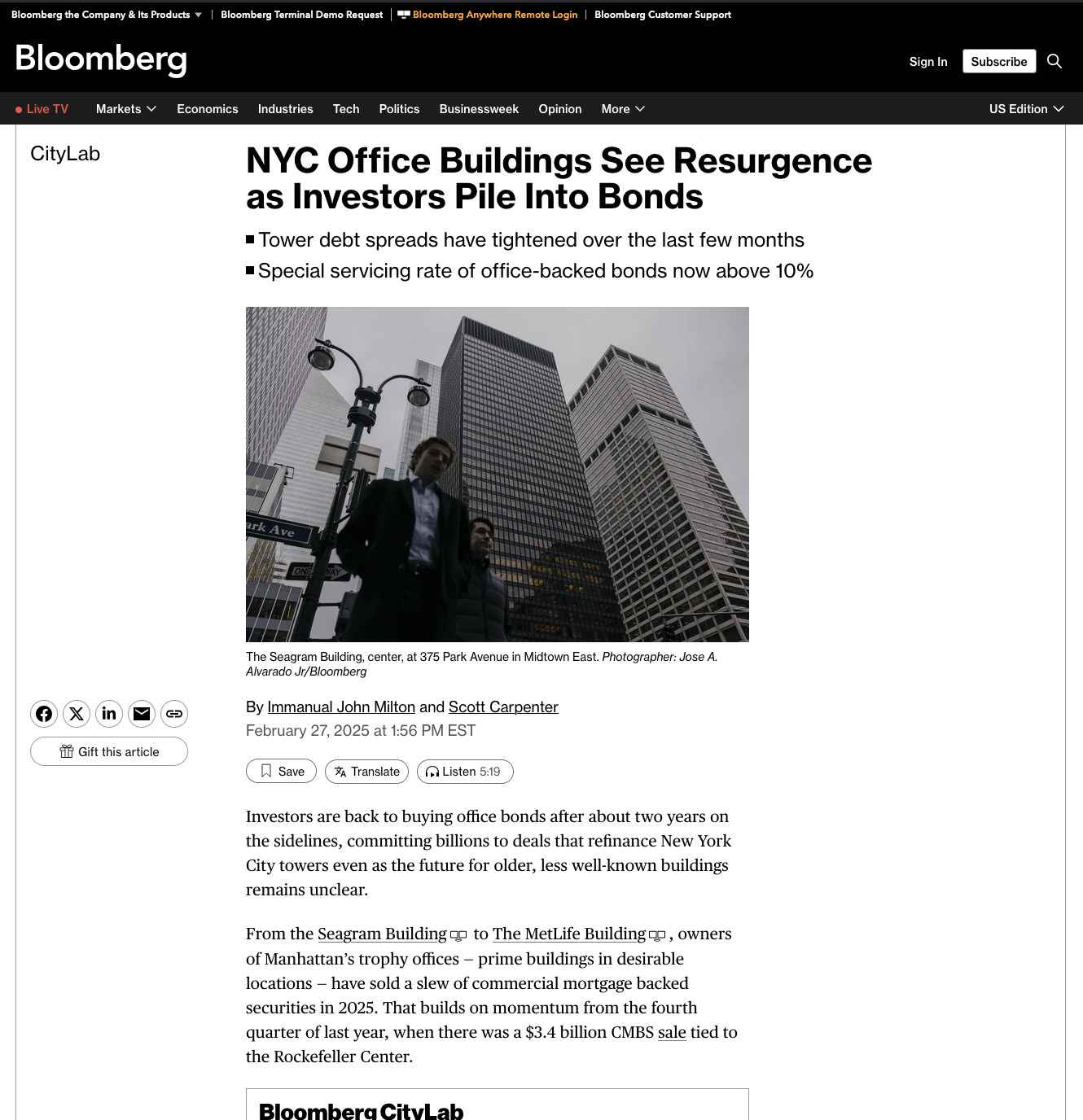 for Bloomberg: NYC Office Buildings See Resurgence as Investors Pile Into Bonds