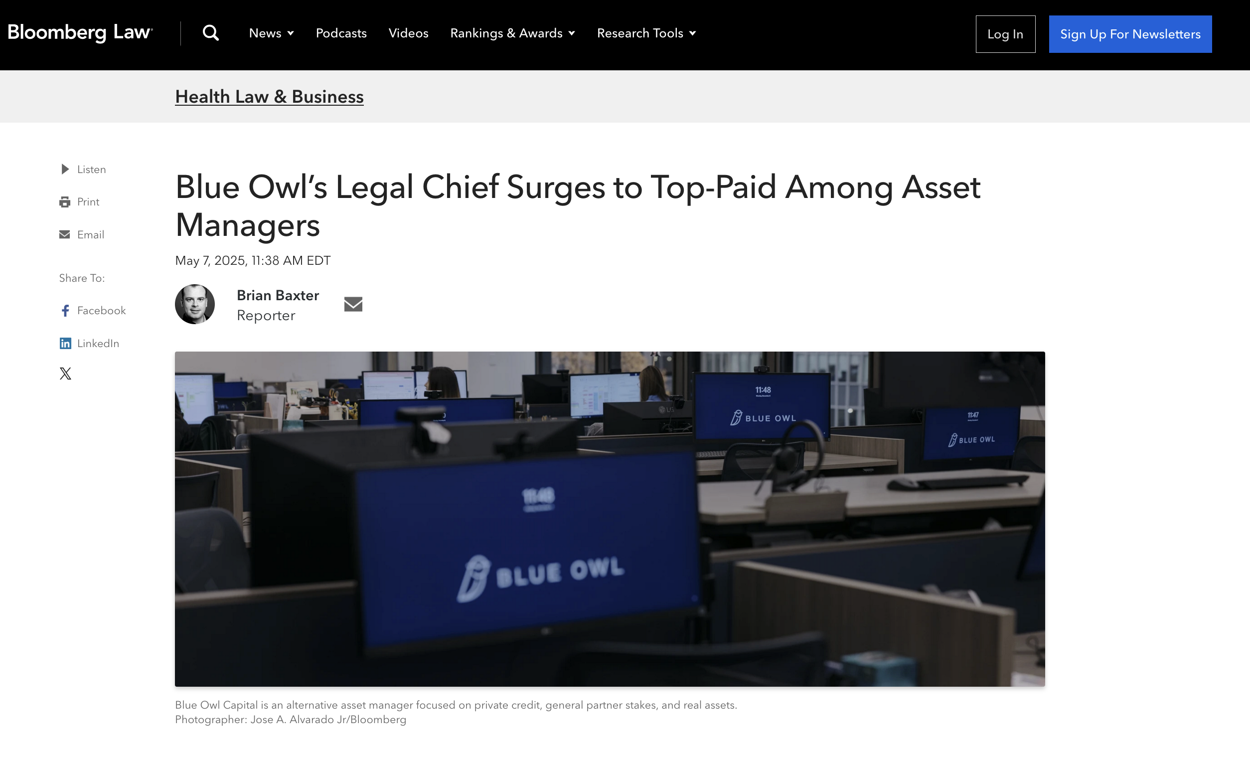 for Bloomberg Law: Blue Owl’s Legal Chief Surges to Top-Paid Among Asset Managers