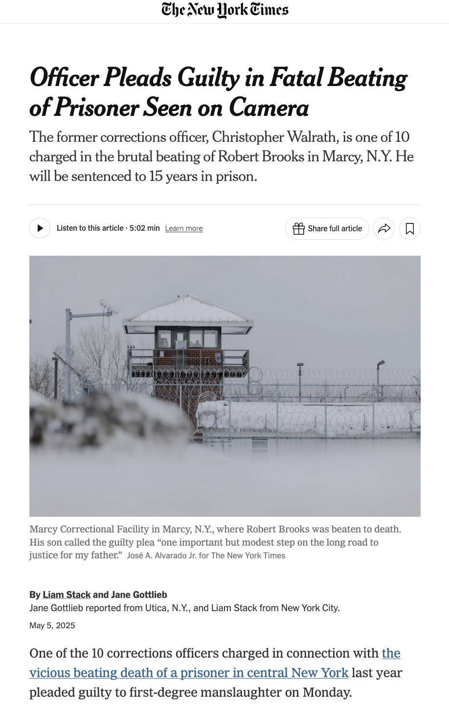 for The New York Times: Officer Pleads Guilty in Fatal Beating of Prisoner Seen on Camera