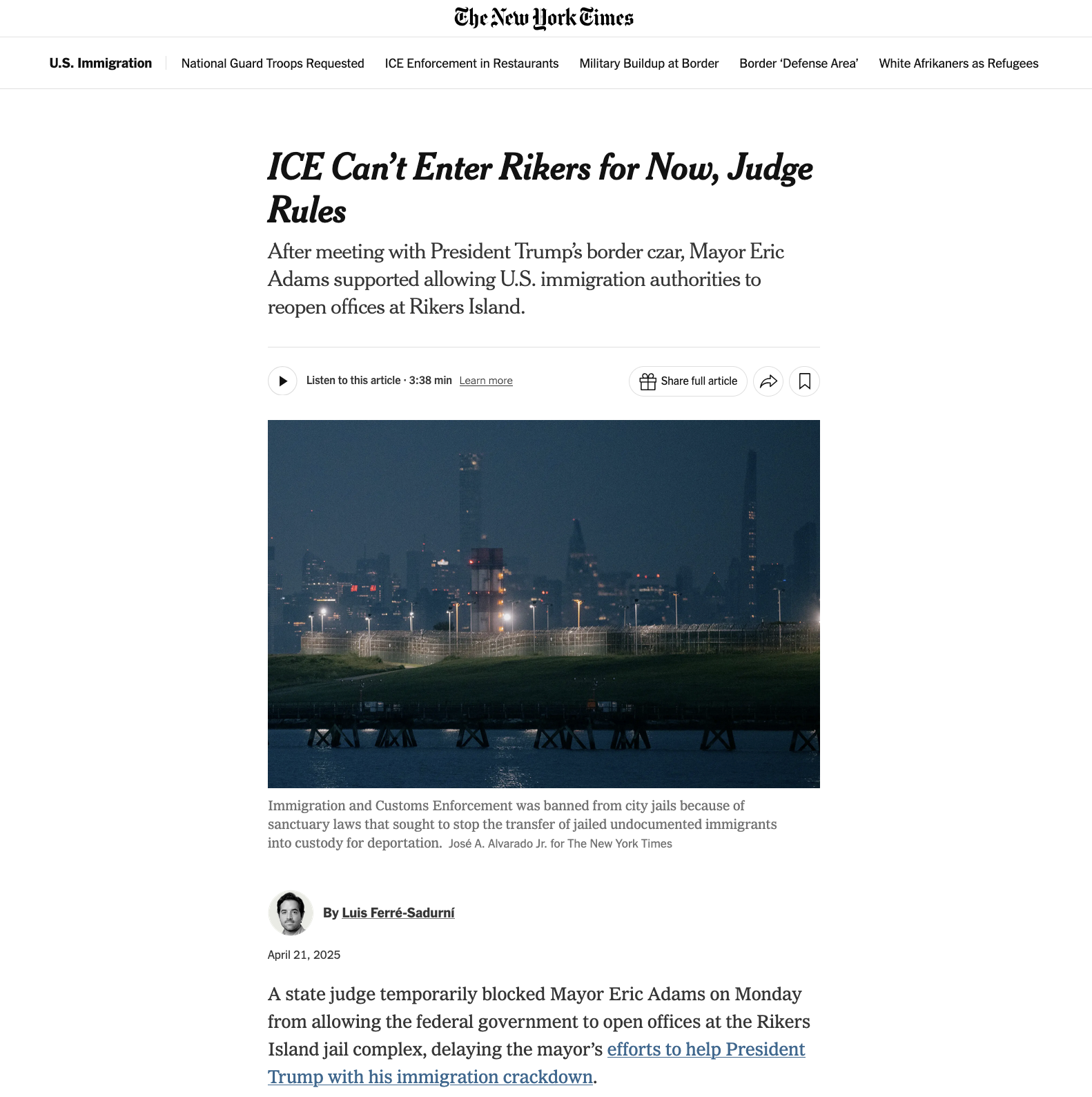 for The New York Times: ICE Can’t Enter Rikers for Now, Judge Rules