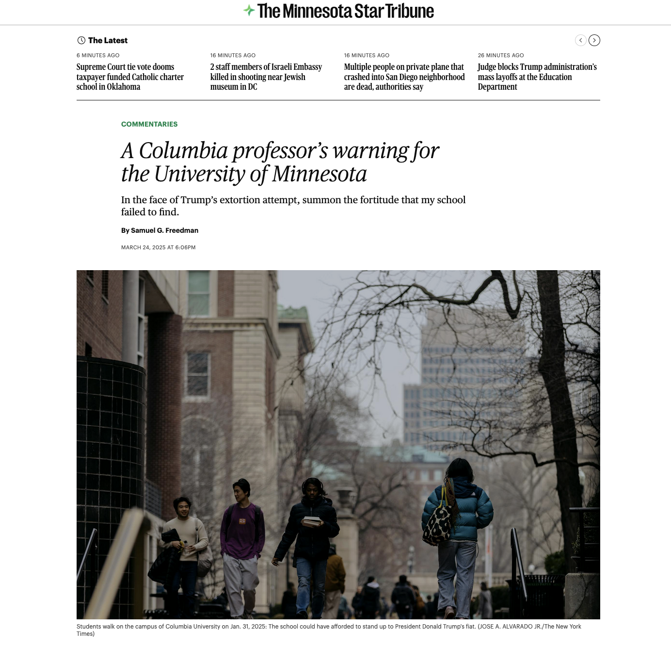 for The Minnesota Star Tribune: A Columbia professor’s warning for the University of Minnesota