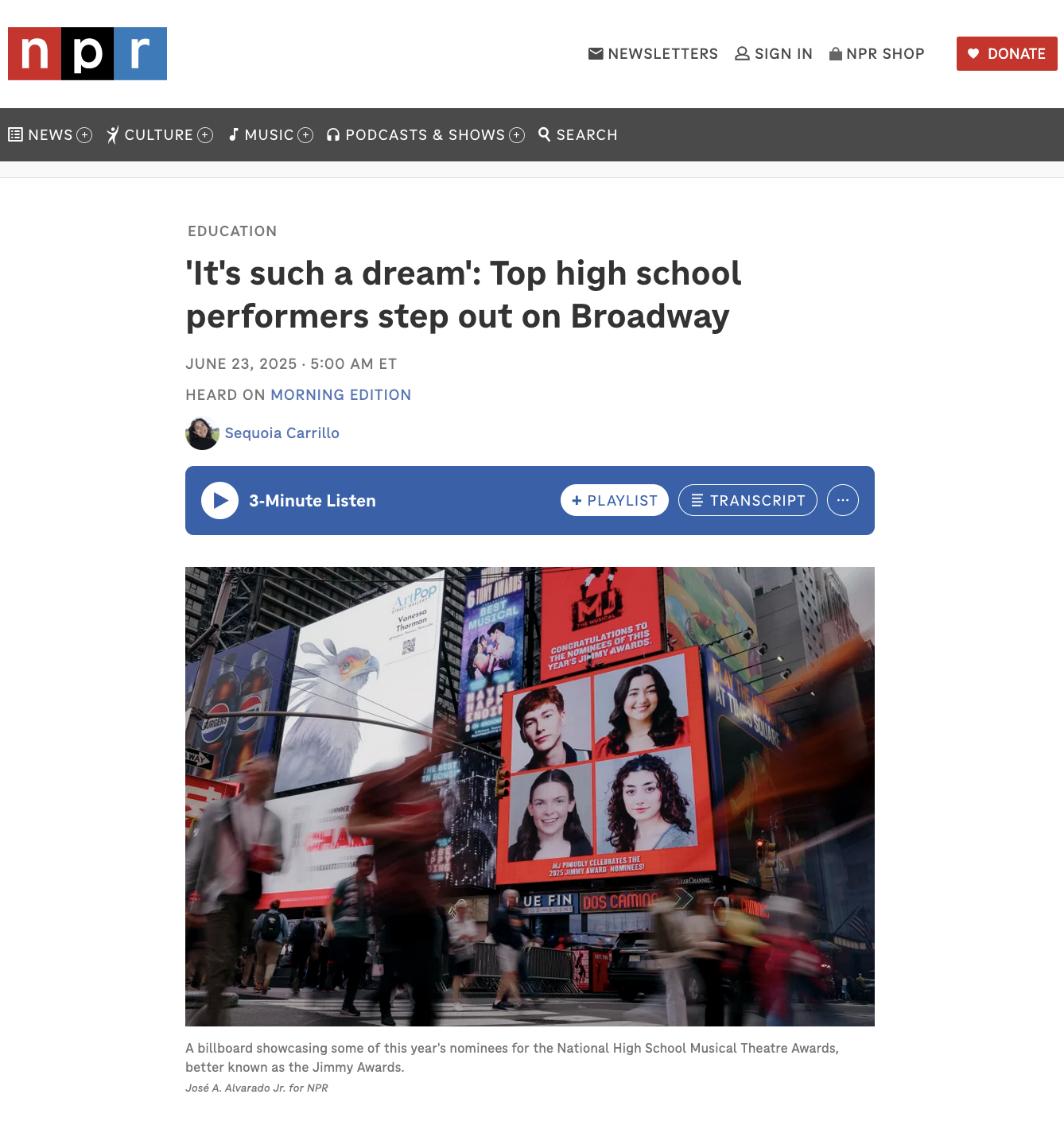 for NPR: 'It's such a dream': Top high school performers step out on Broadway