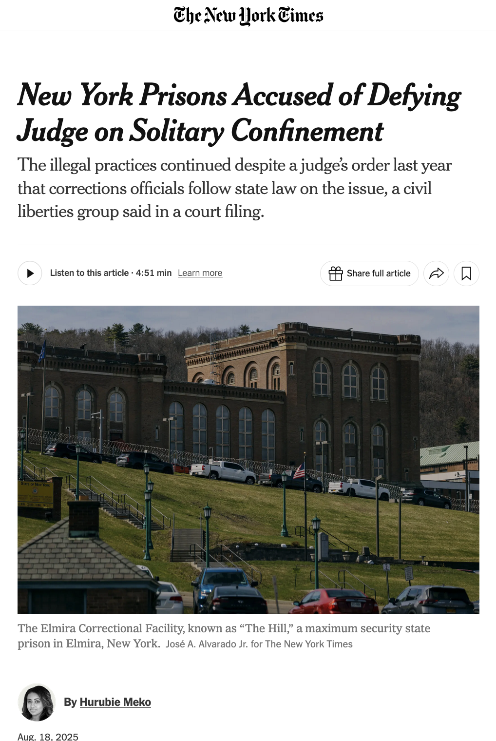 for The New York Times: New York Prisons Accused of Defying Judge on Solitary Confinement