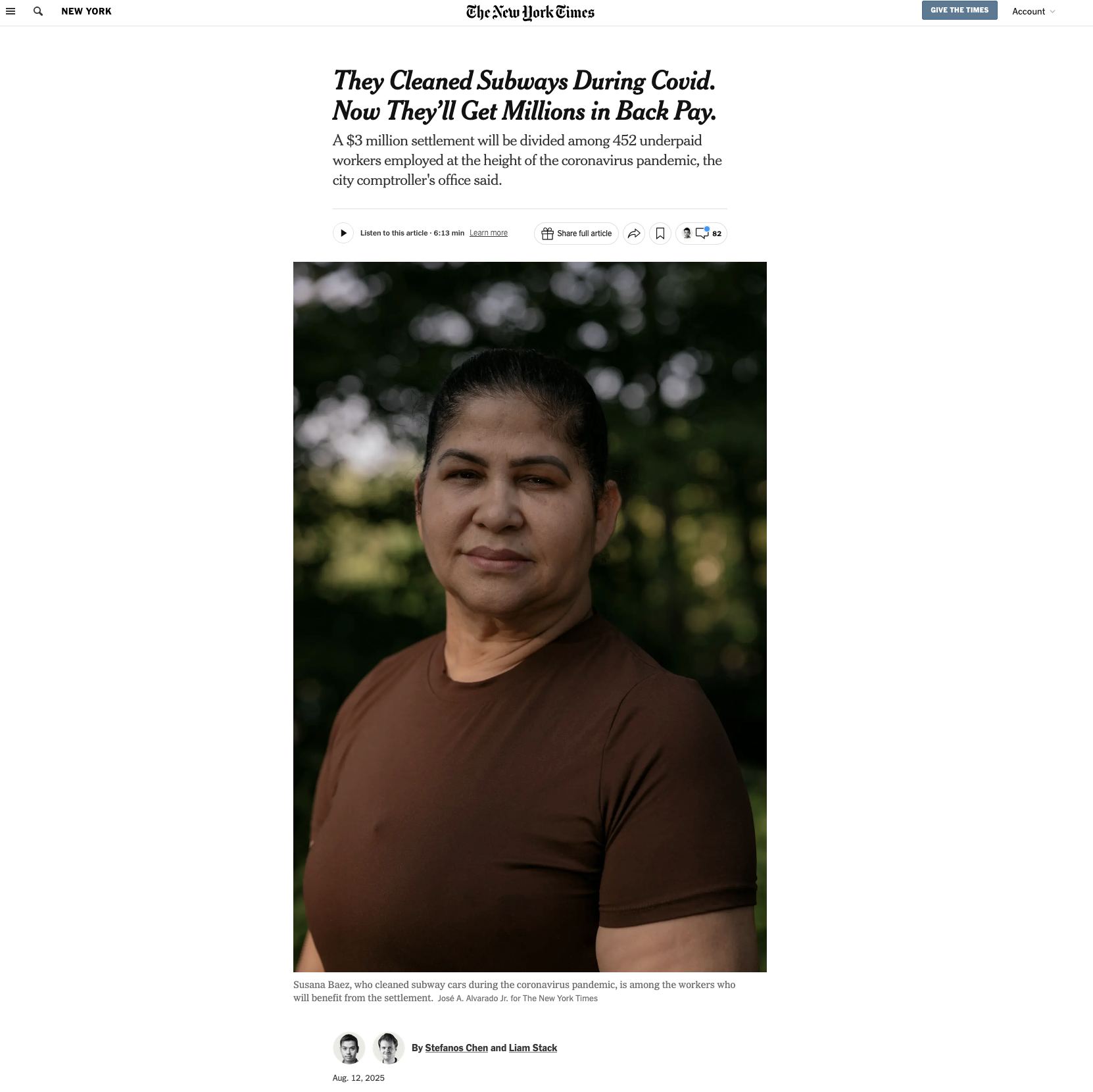 for The New York Times: They Cleaned Subways During Covid. Now They’ll Get Millions in Back Pay.