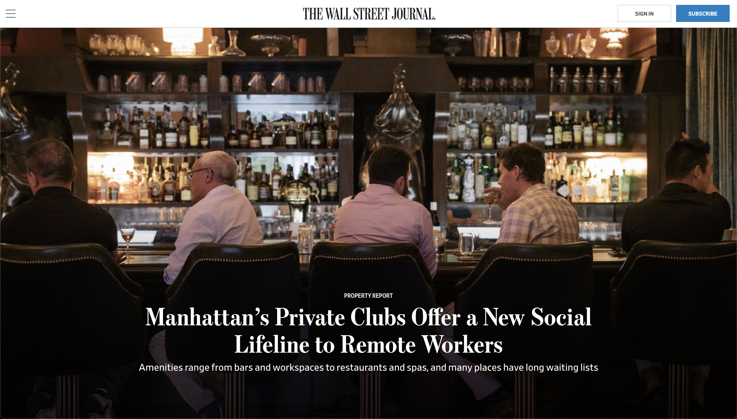 Thumbnail of for The Wall Street Journal: Manhattan’s Private Clubs Offer a New Social Lifeline to Remote Workers 