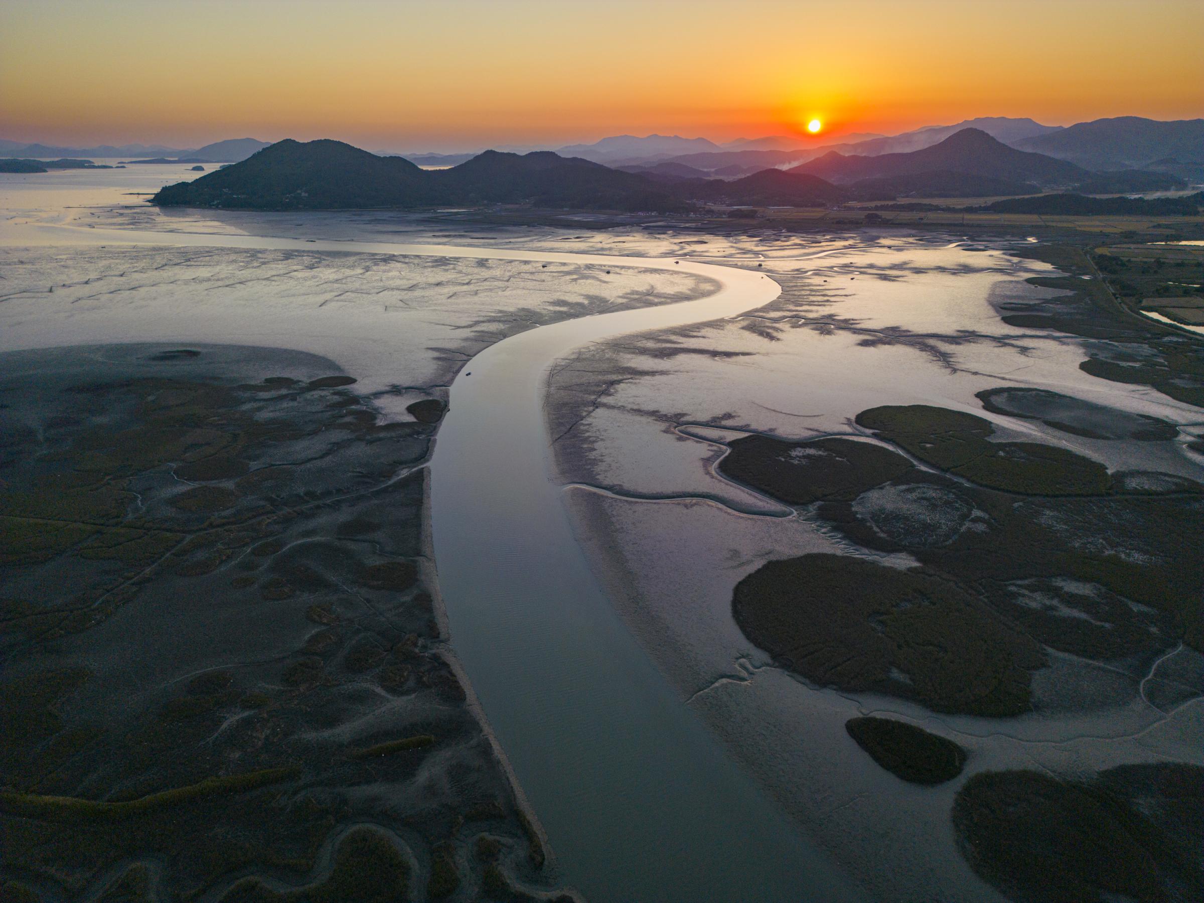 Saving South Korea's Tidal Flats - The sun sets over Suncheon Bay Wetland Reserve at low...