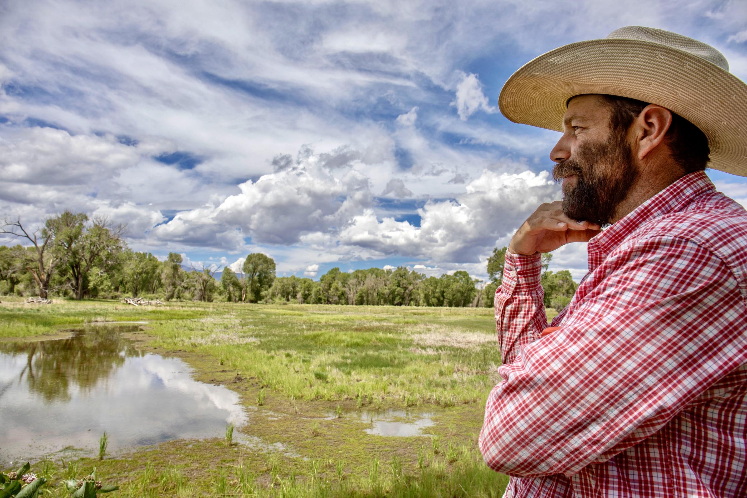 Crisis on the Rio Grande - Kyler Brown, a farmer in the San Luis Valley, looks on the cottonwood stands on his...