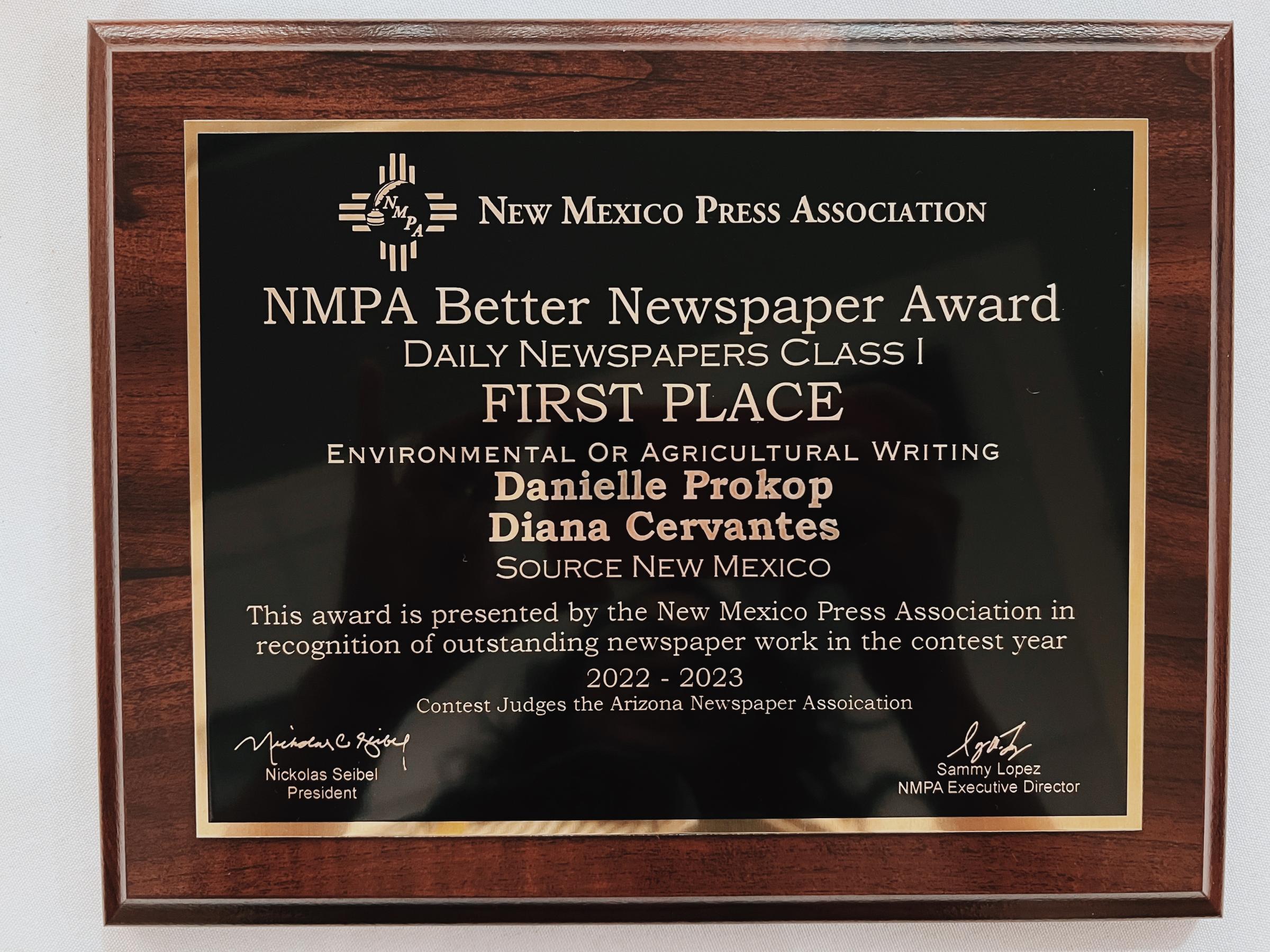 New Mexico Press Association Awards: First Place in Best Series & Environmental Writing for "Crisis on the Rio Grande"