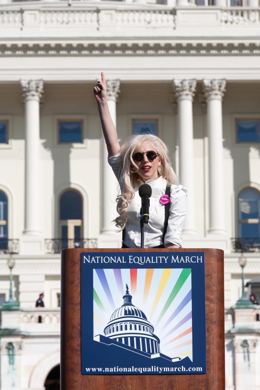 National LGBTQ Documentation Project - Lady Gaga addresses the crowd in front of the Capital at the National Equality March. October 11,...
