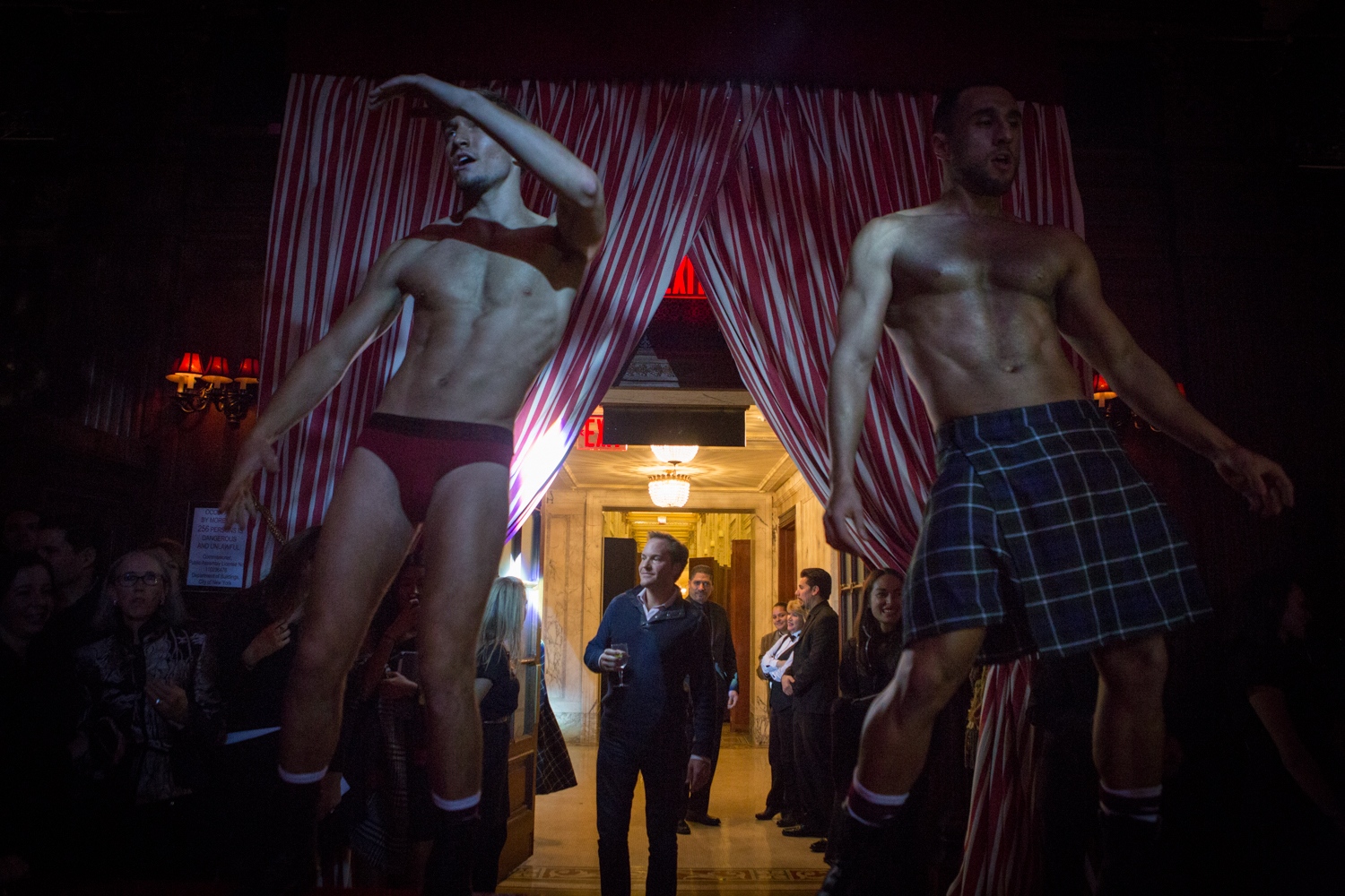  December 14, 2013. NEW YORK, NY.&nbsp;Dancers perform for guests at Bronson van Wyck&#39;s annual holiday party at The Oak Room in the...