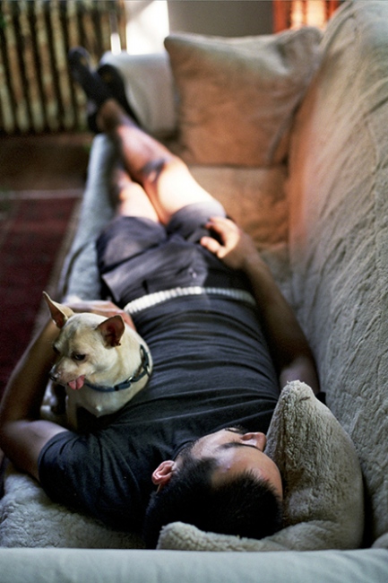 Image from IX: Dead Clade Walking -  Bob asleep with a Chihuahua, Upstate New York 