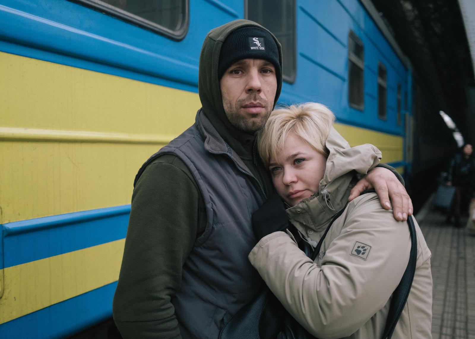 Escaping Putin's Bombs - Marina and Sergej are saying goodbye as he is heading to...
