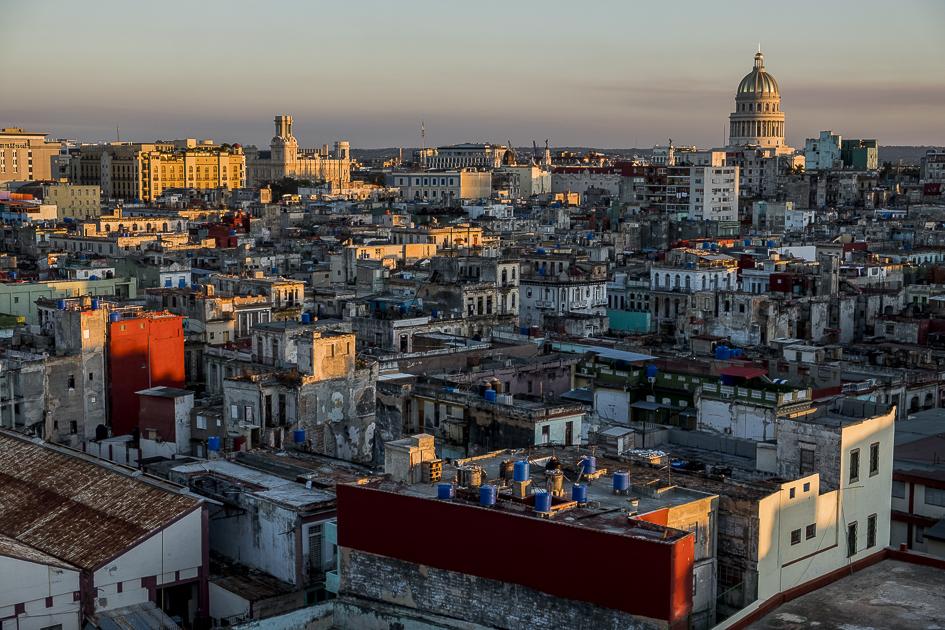 Manifiesto del Agua - View over Old Havana. Blue tanks for water storage are...