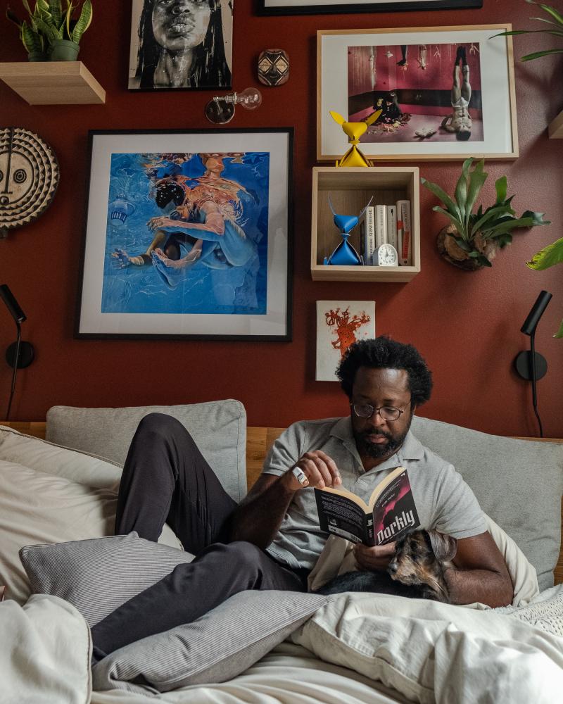 Marlon James in his bedroom Brooklyn 