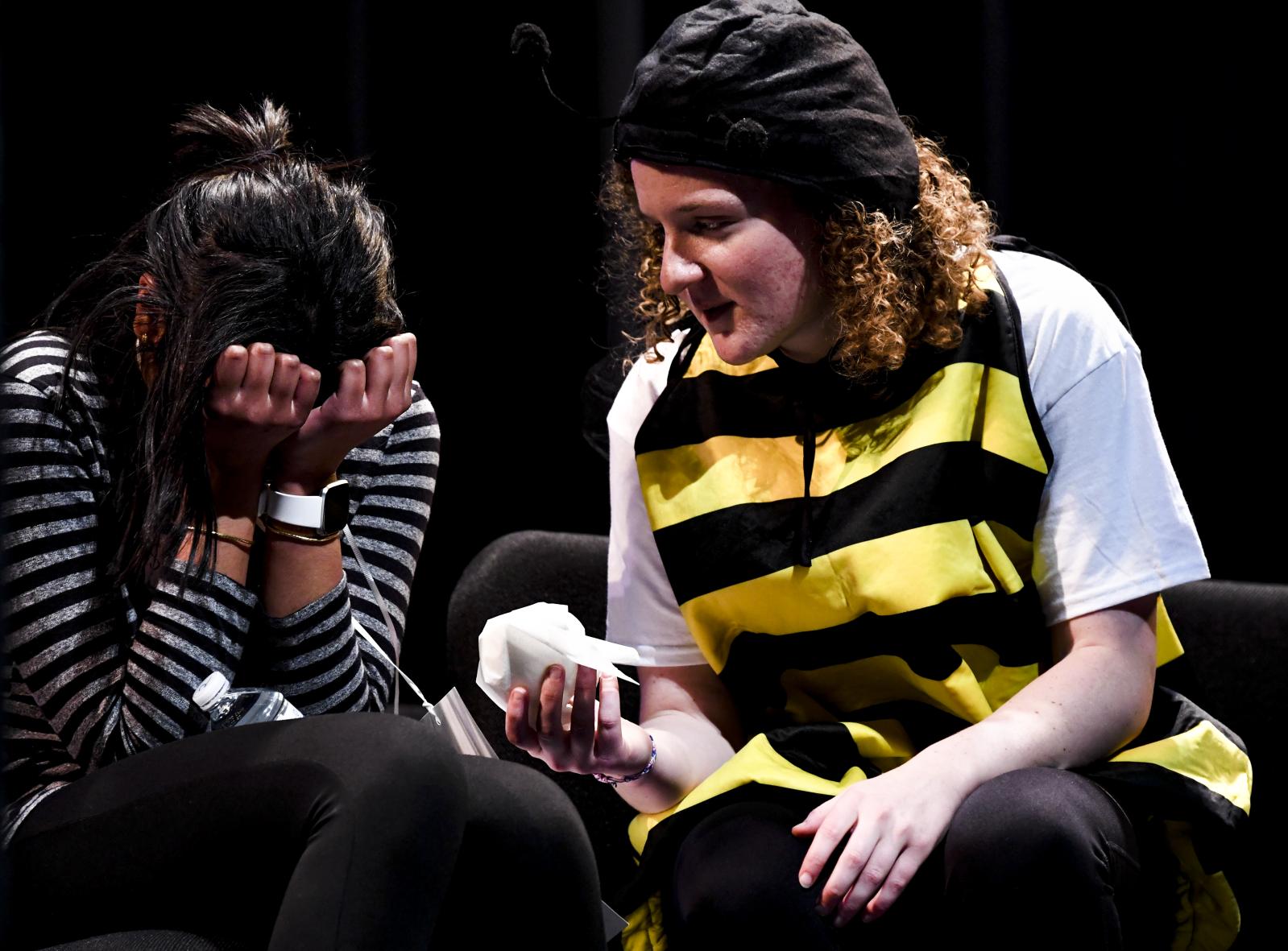 University of Missouri senior Ellen Goodrich, right, offers a tissue to Shreeyanka Bardhan on March 10, 2020, at Jesse Hall in Columbia, Missouri. Bardhan was the first to get out at the Missouri Regional Spelling Bee by misspelling the word &lsquo;infant.&rsquo;