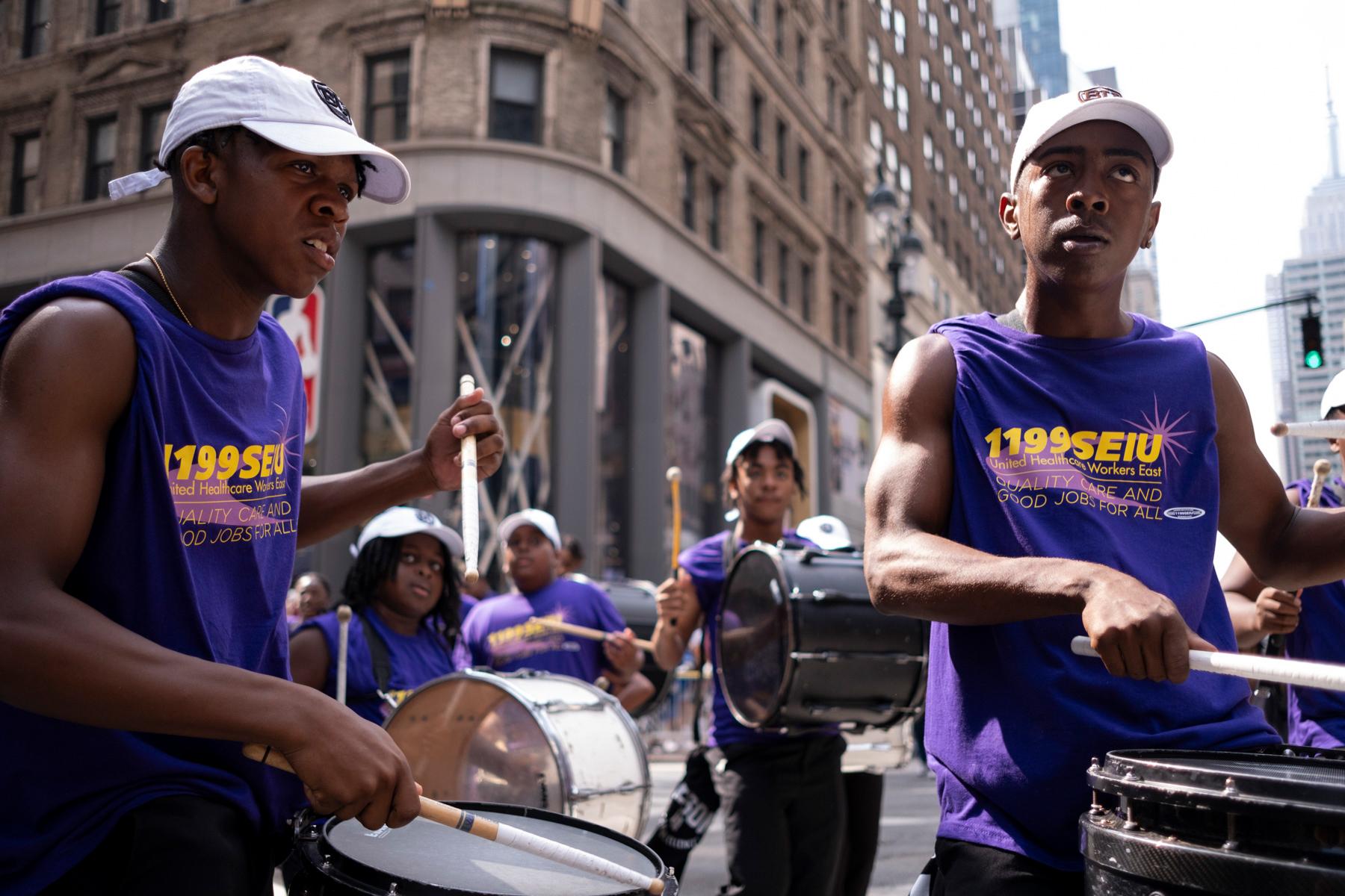 2023 New York City Labor Day Parade -  Drummers from the SEIU Local 1199, a healthcare industry workers union, perform at the Labor Day...