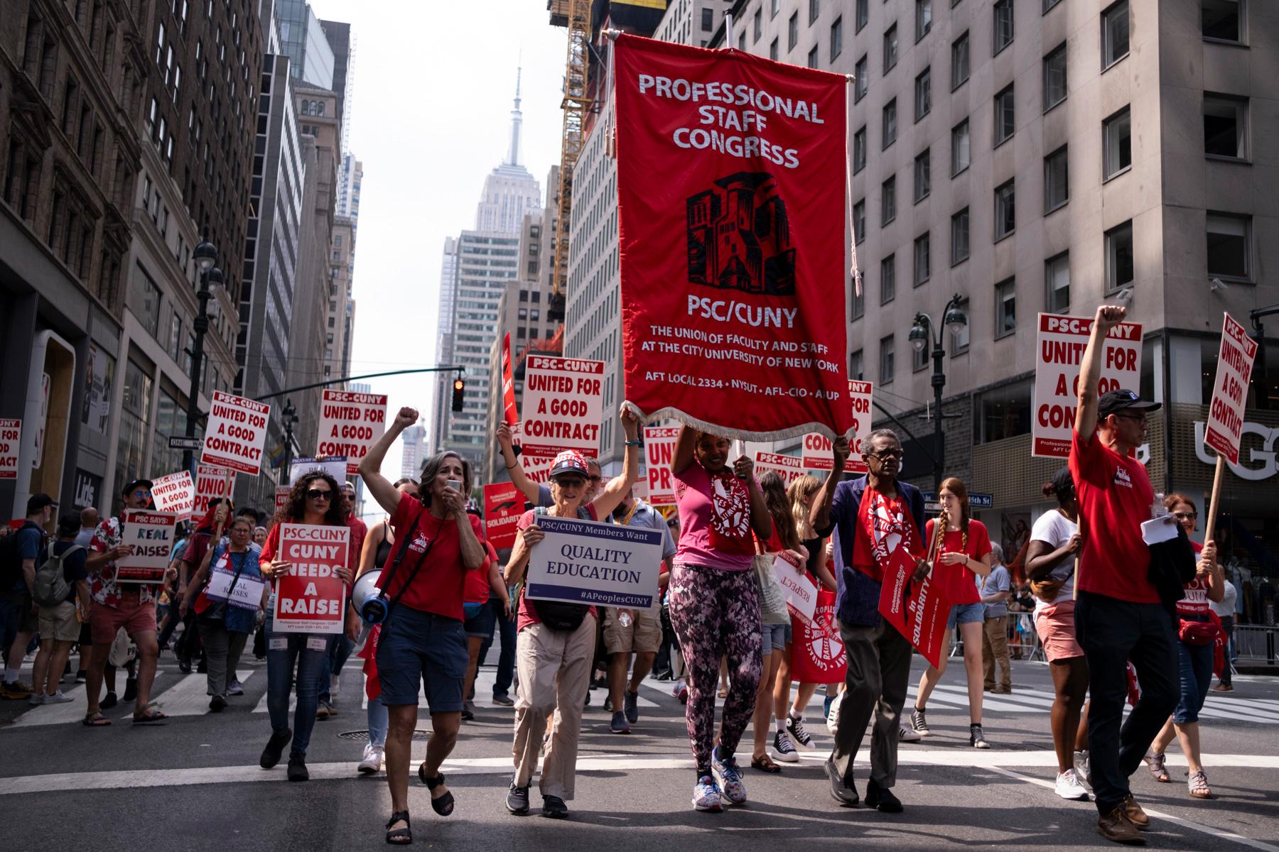 2023 New York City Labor Day Parade -  Workers from the PSC/CUNY, or the union of faculty and staff at the City University of New York,...