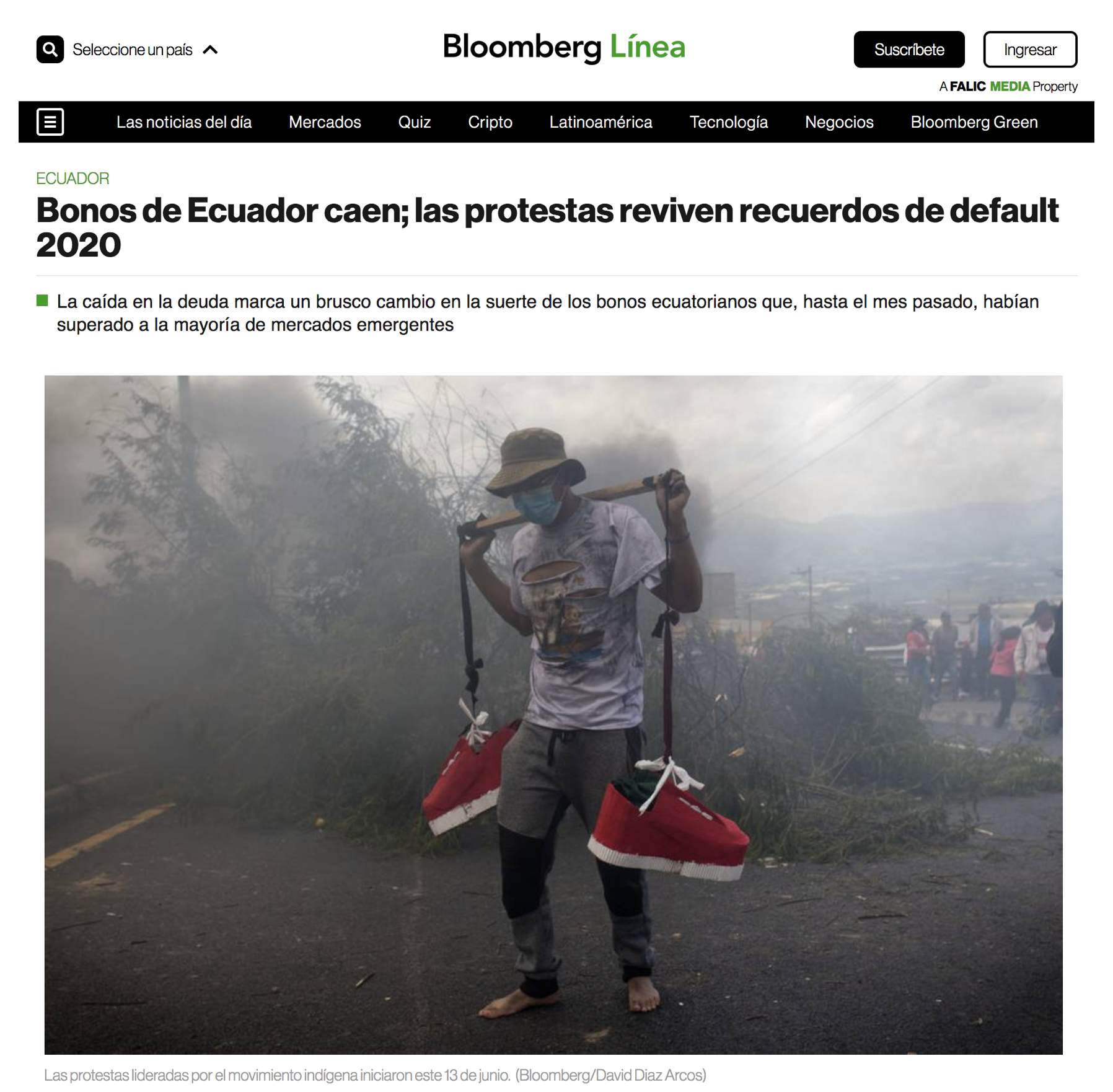 Bonos de Ecuador caen; las protestas reviven recuerdos de default 2020