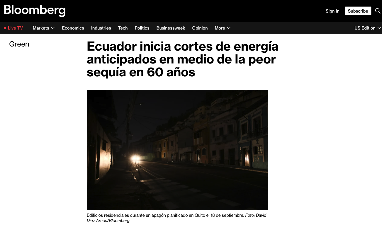 Ecuador inicia cortes de energía anticipados en medio de la peor sequía en 60 años 