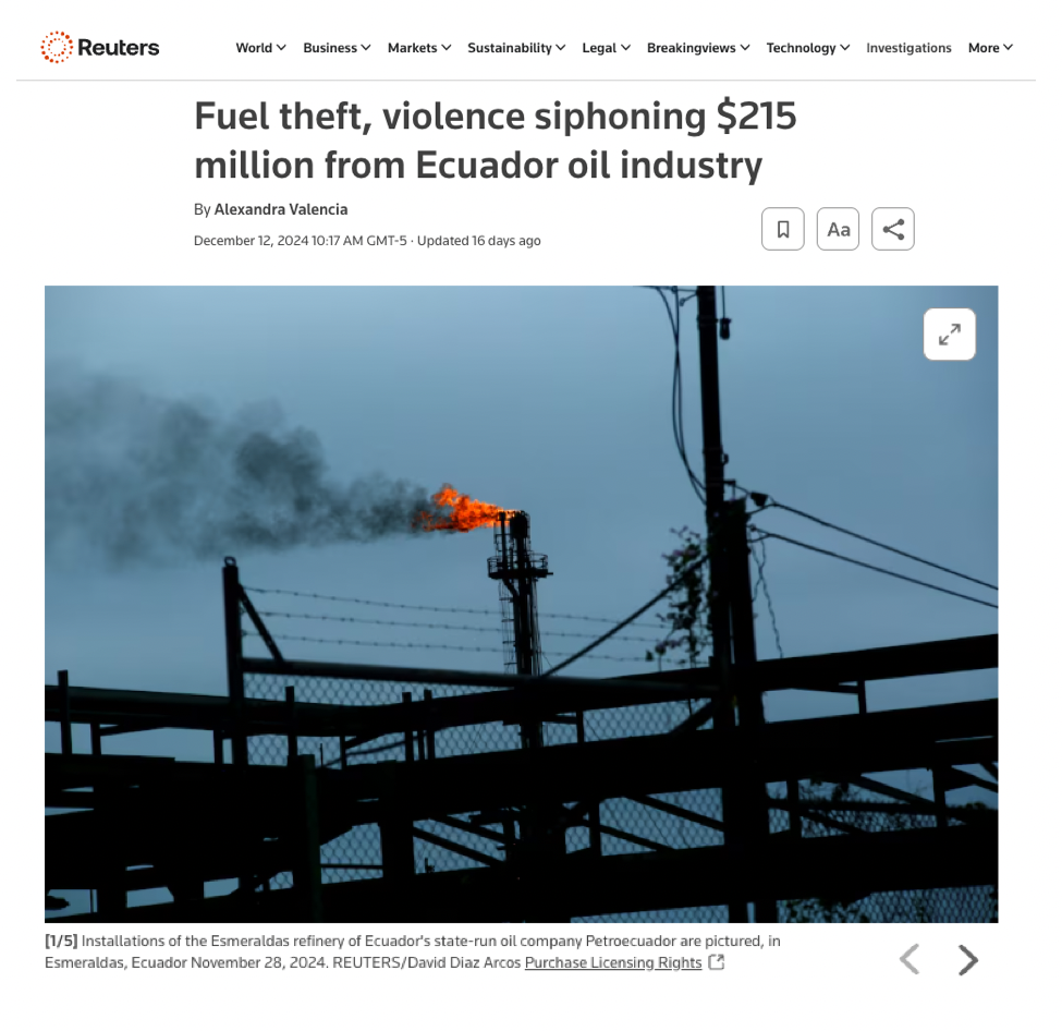 Fuel theft, violence siphoning $215 million from Ecuador oil industry