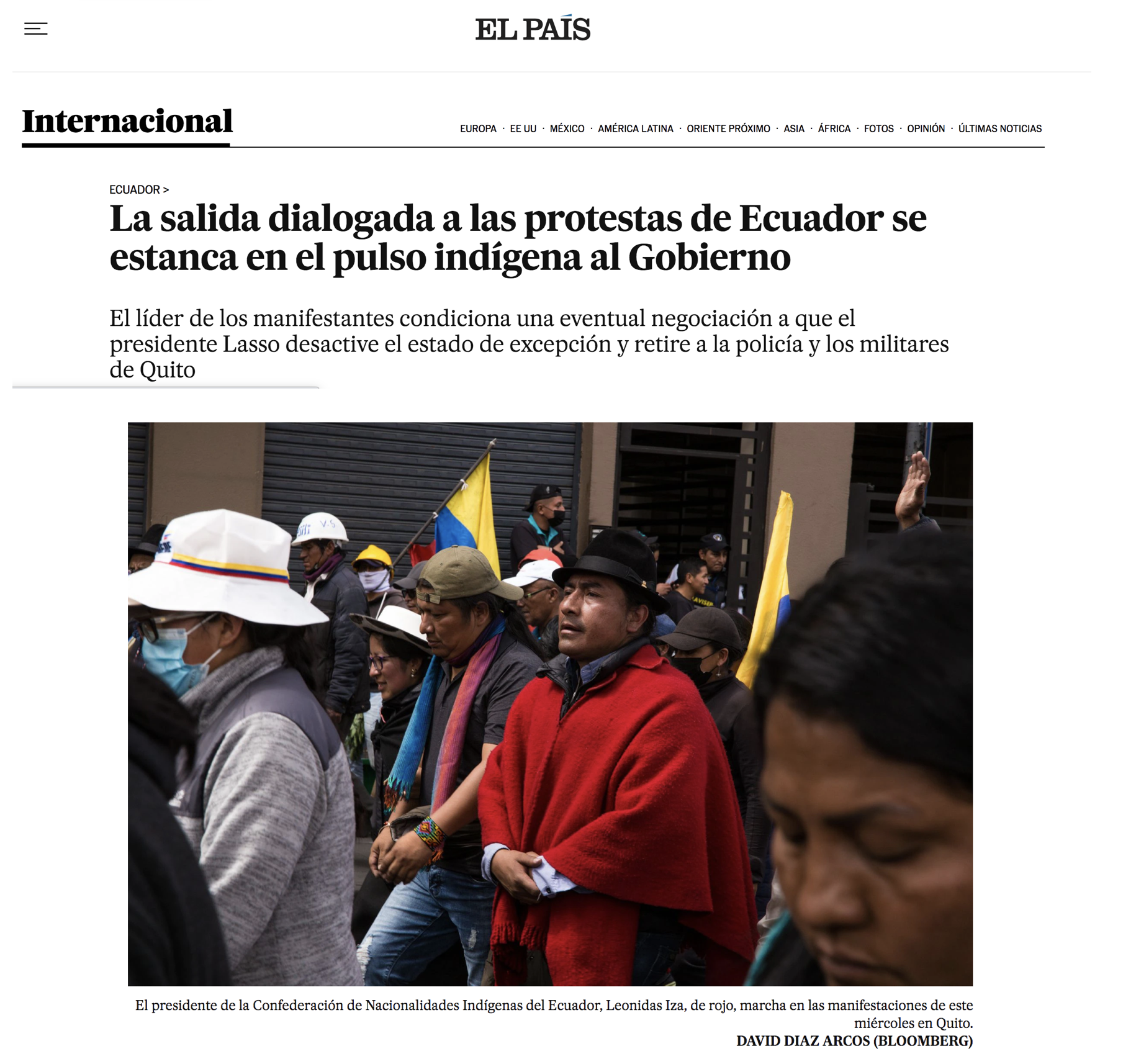 Thumbnail of El Pais: La salida dialogada a las protestas de Ecuador se estanca en el pulso indígena al Gobierno