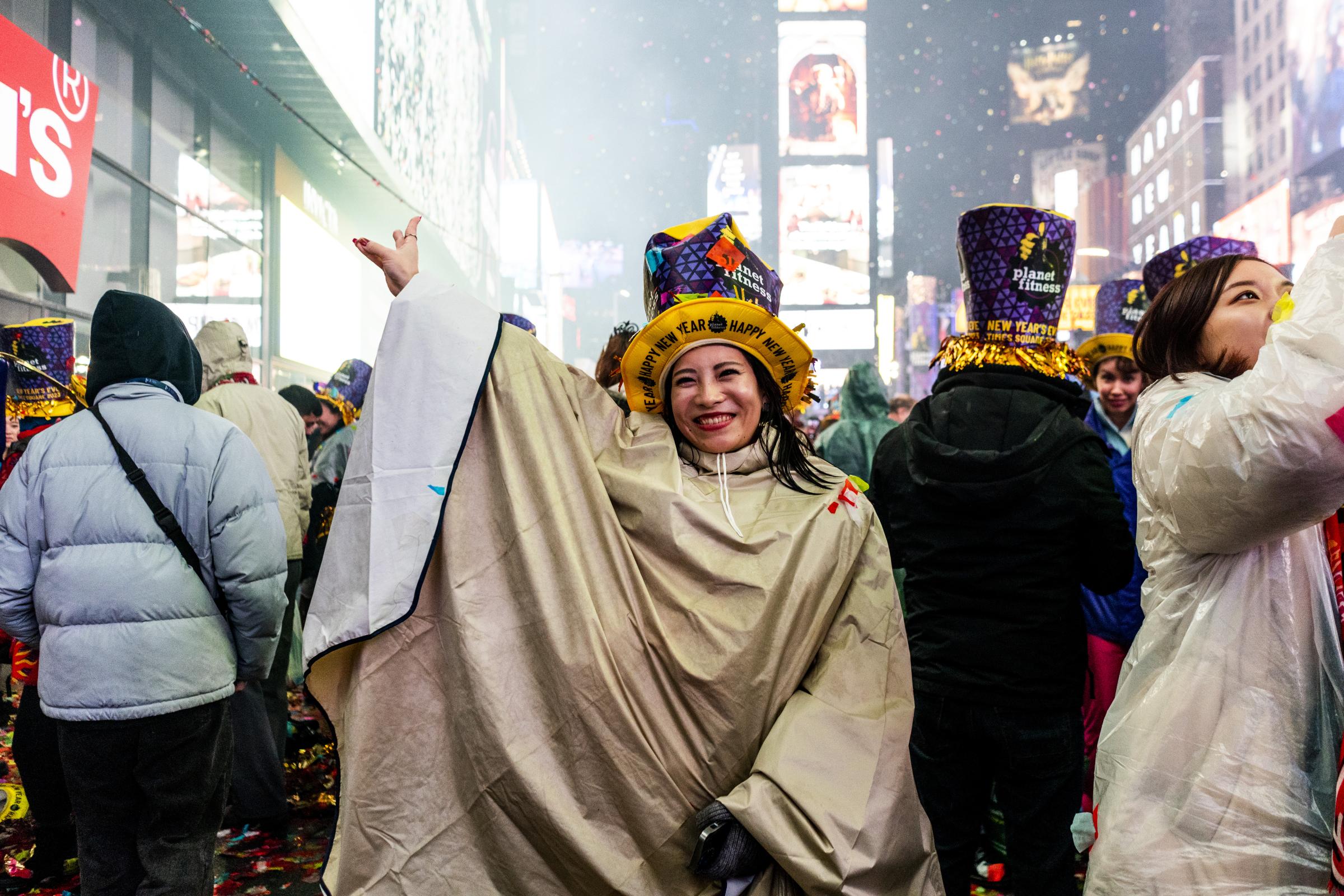 Times Square 2023 NYE Celebration - Spectators ring in the New Year during the 2023 New Years...