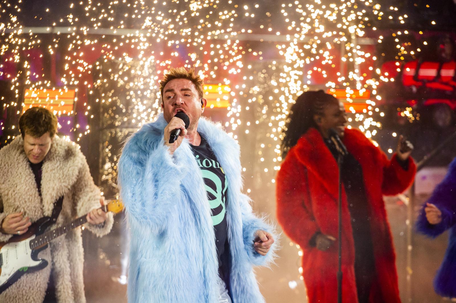 Duran Duran performs during the...in Times Square, New York City.