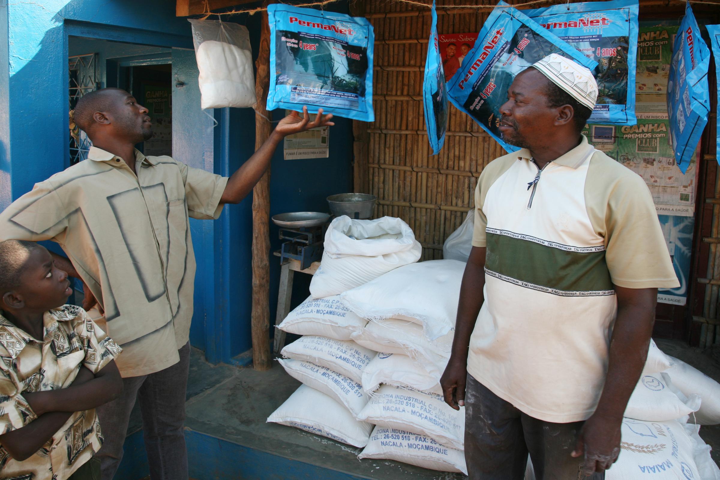 Malaria - Cadre Amedeli, treated mosquito nets seller a the...