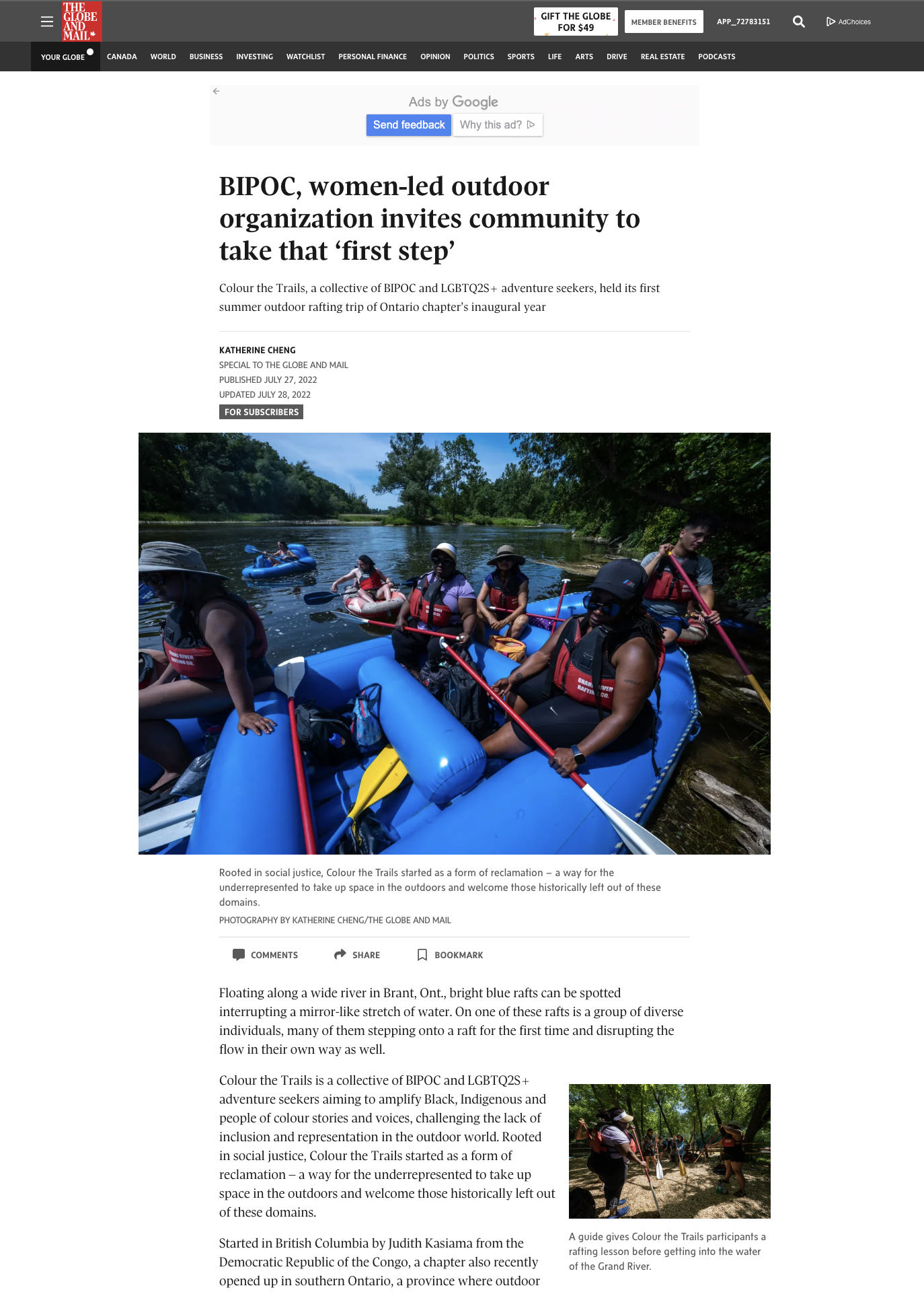 Image from TEARSHEET -  [Globe and Mail] BIPOC, women-led outdoor organization...