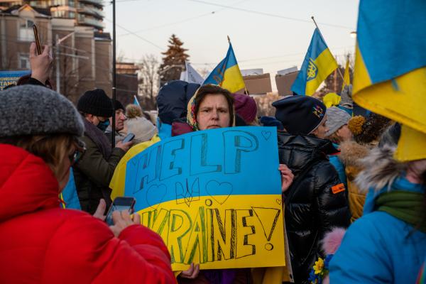 Image from [Ongoing] Ukrainian Toronto Protests - A woman holding a “Help Ukraine” banner at a...
