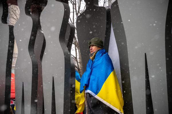 Image from [Ongoing] Ukrainian Toronto Protests - A woman wearing a Ukrainian flag standing in front of a...