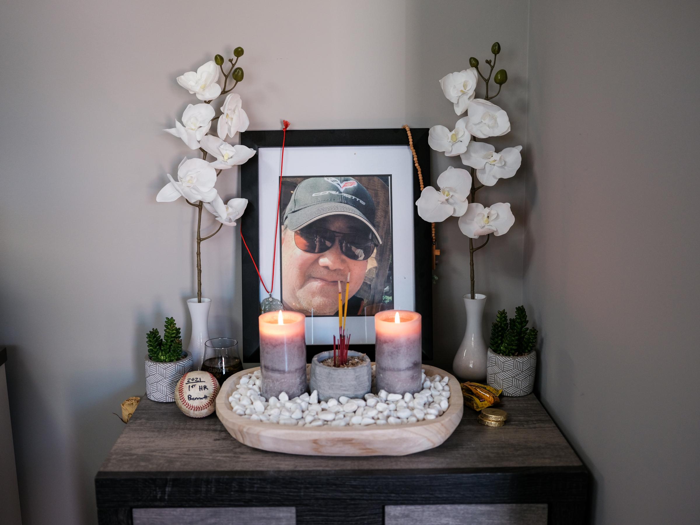 OMAHA, NE - MARCH 19, 2022: A shrine dedicated to Ming Wang is displayed in Ping Wang&#39;s home in Omaha, Nebraska on March 19, 2022. (Photo by Arin Yoon for The Washington Post) Papillion United States