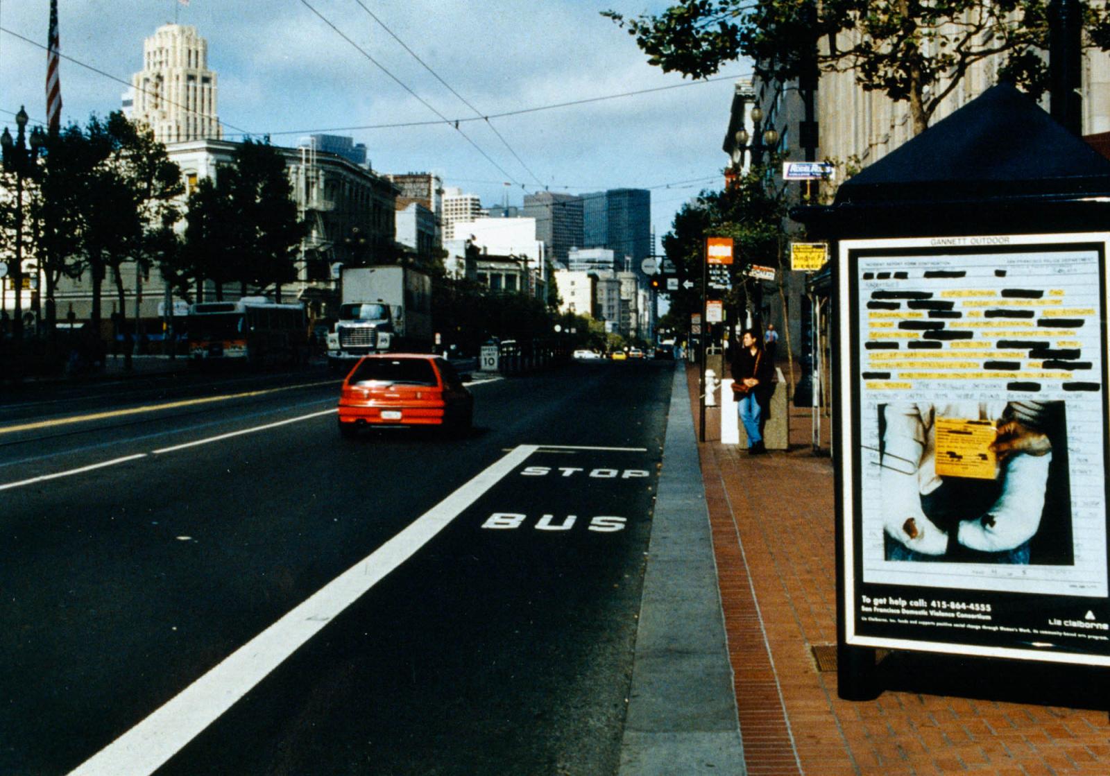 Installation view of Irma&r...a bus stop, San Francisco, 1992