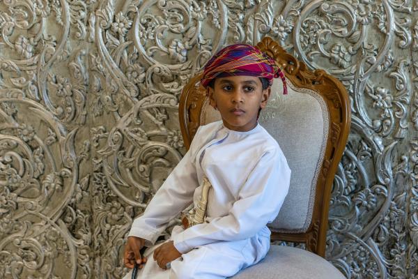 In Oman, a Dagger Symbolizes National Pride - SUR, OMAN-&shy;‐ NOVEMBER 21, 2022: Houd, 8, nephew of Abdullah Al Farsi and Marwa Al Farsi...
