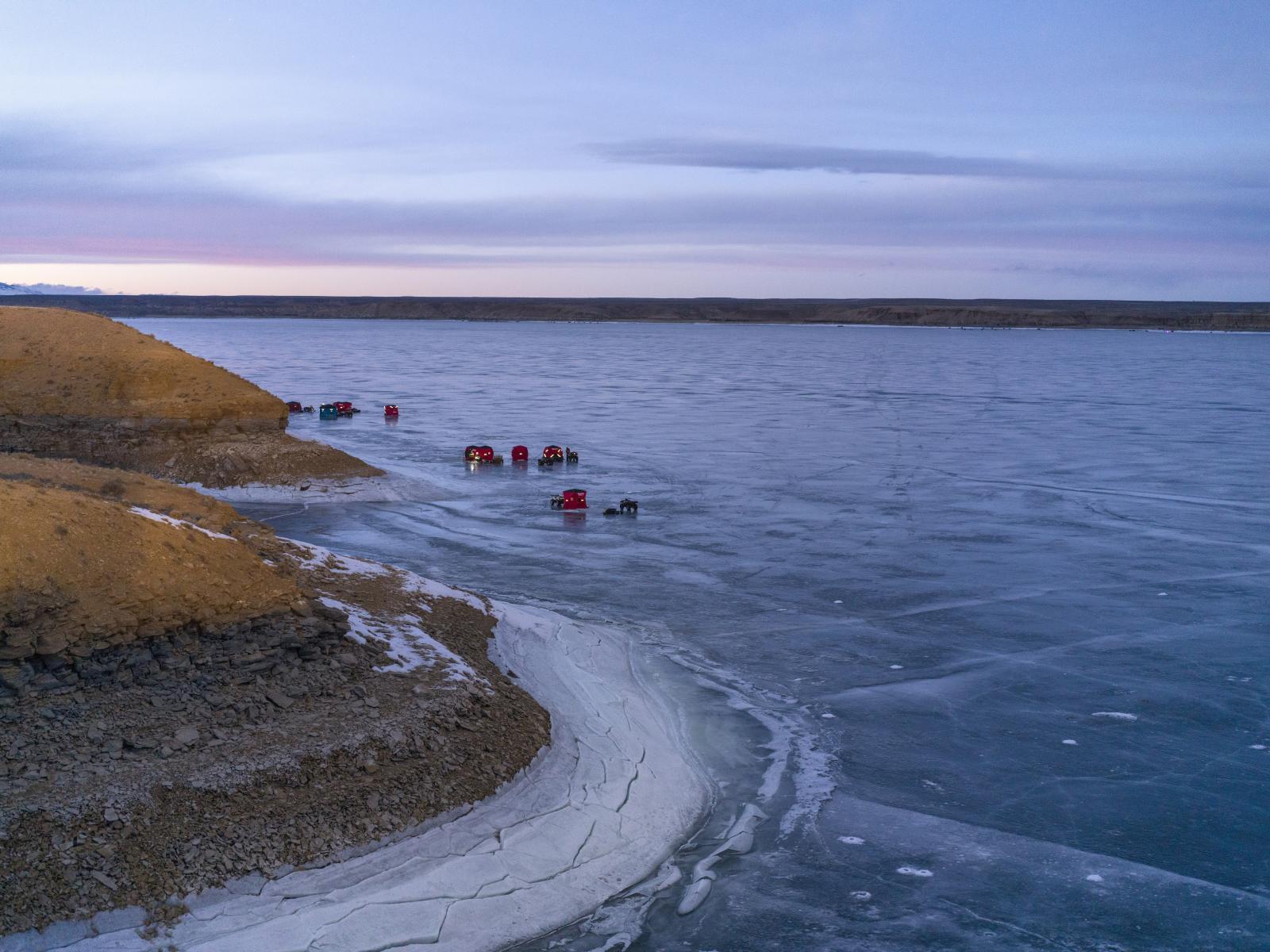 Ice fishing tents are seen on t...h the Green River. La Barge USA